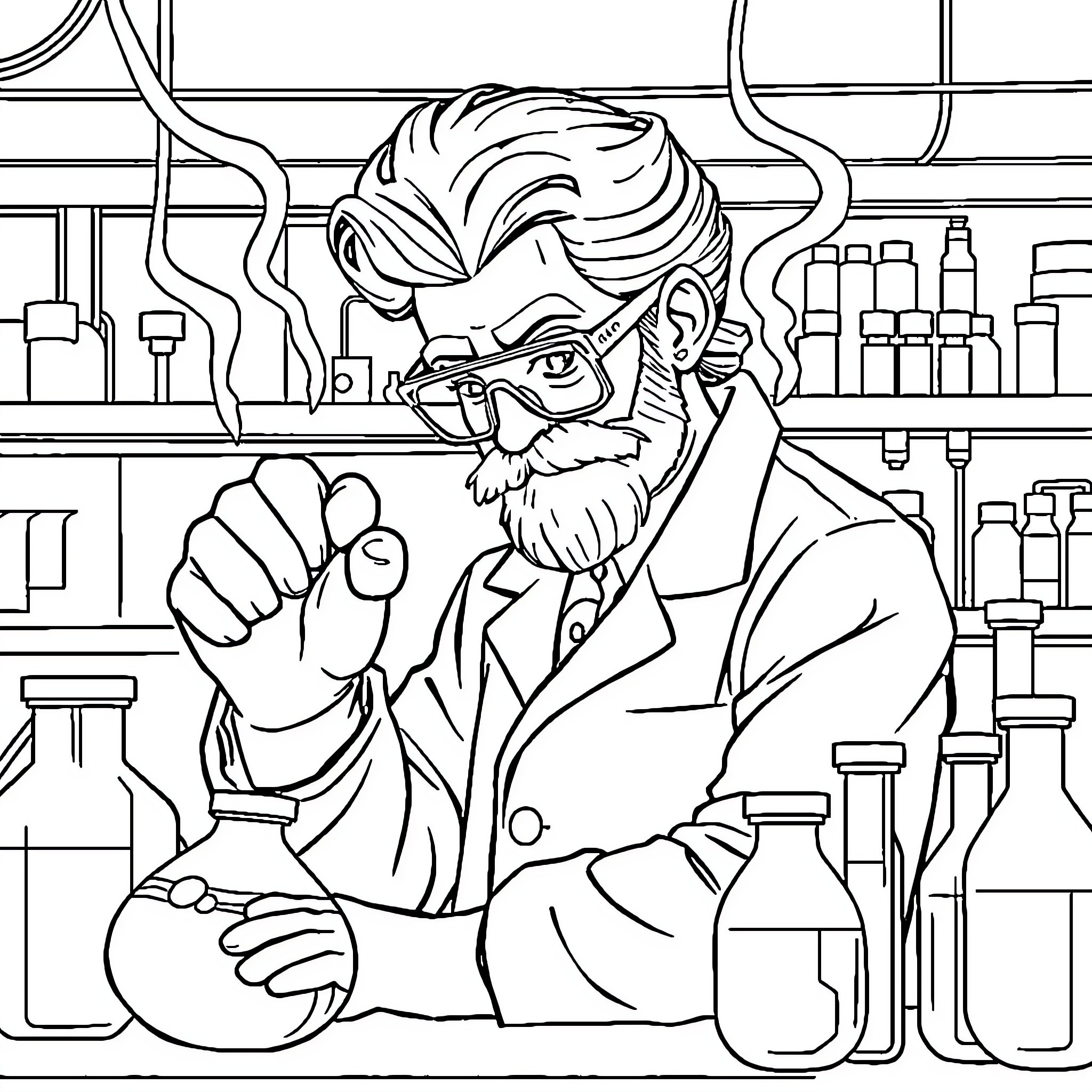 Scientist intently examining a beaker in the lab Coloring Page (free black-and-white line drawing printable PDF for all, from beginners to advanced learners, including children, teens, adults, and seniors)