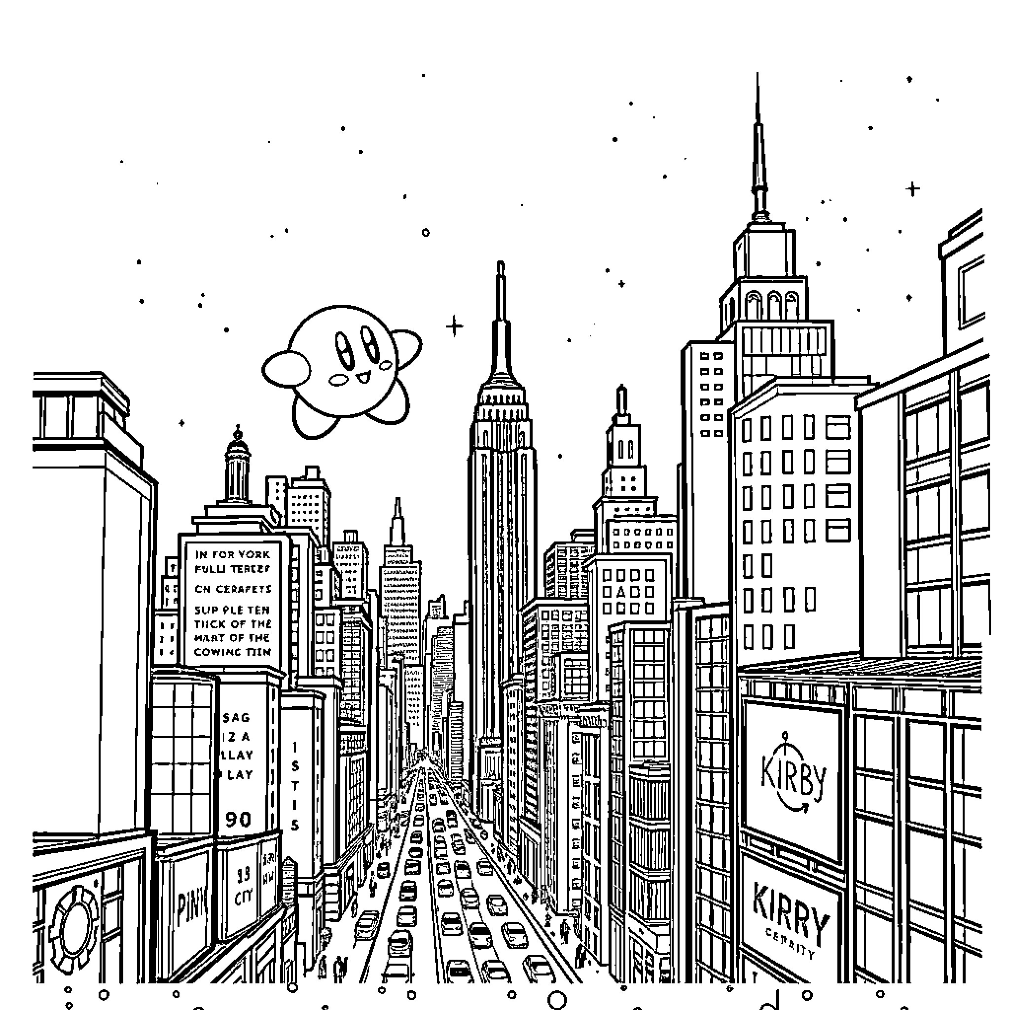 Kirby flying over the bustling city skyline Coloring Page (free black-and-white line drawing printable PDF for all, from beginners to advanced learners, including children, teens, adults, and seniors)