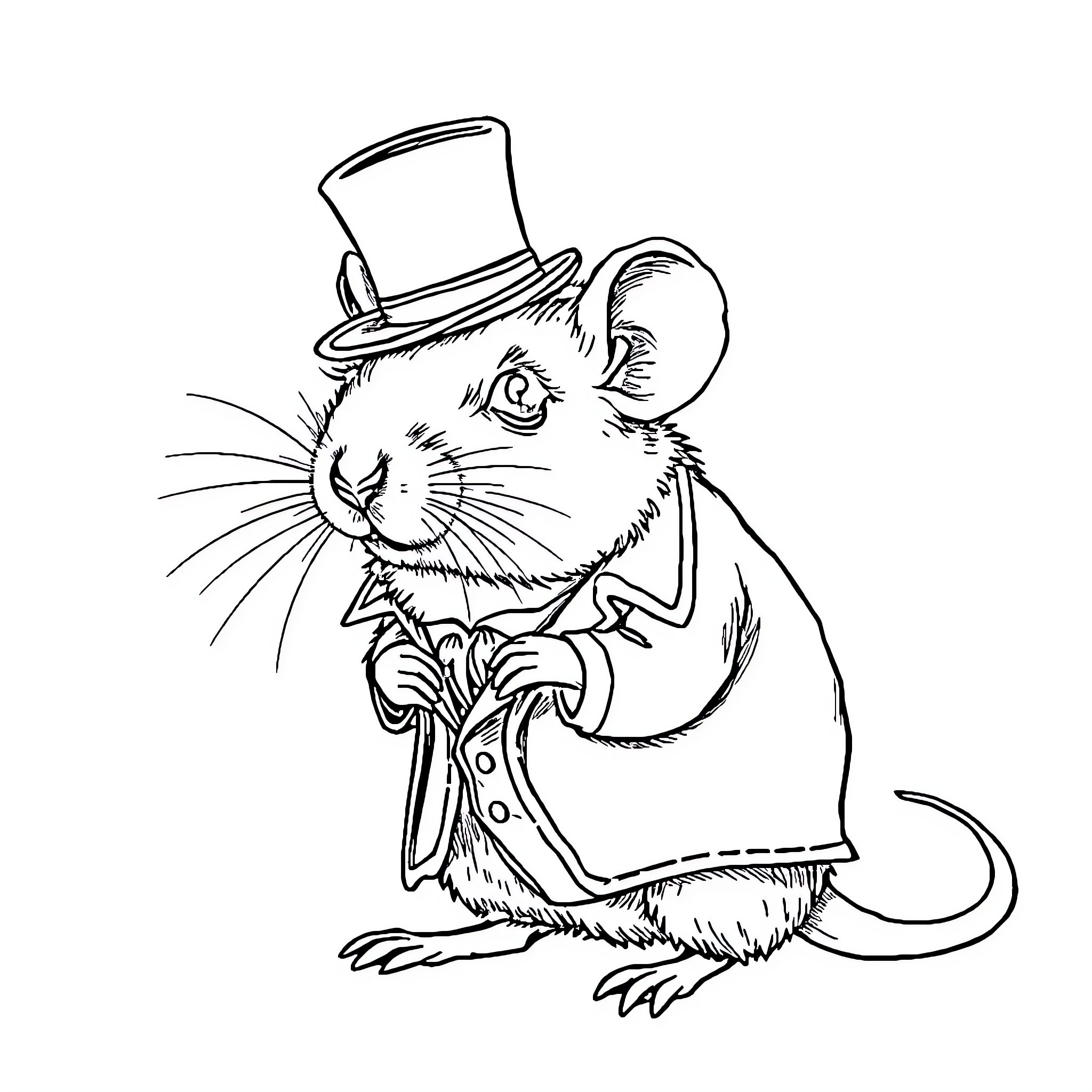 Rat in top hat playing with monocle Coloring Page (free black-and-white line drawing printable PDF for all, from beginners to advanced learners, including children, teens, adults, and seniors)