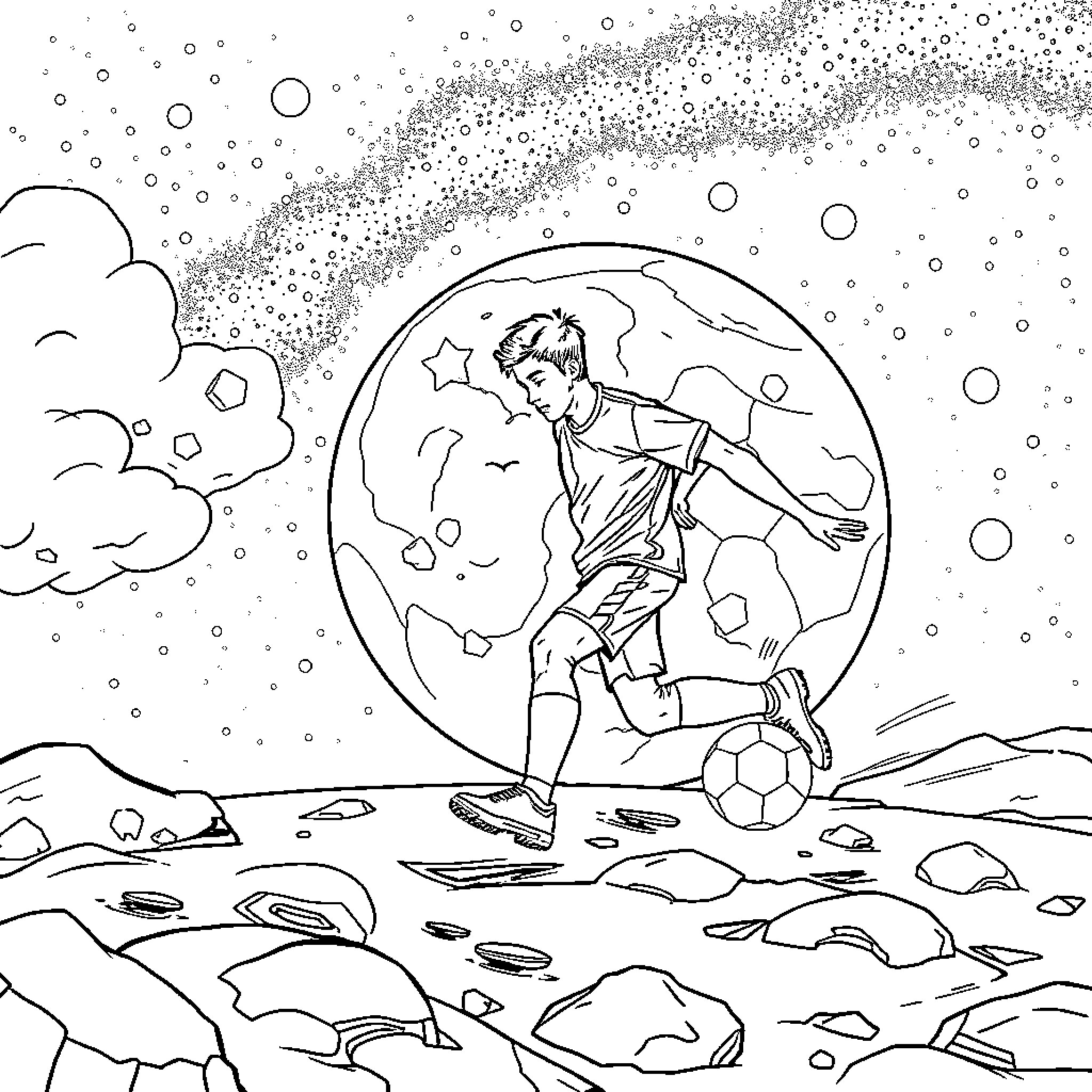 Footballeur playing soccer under the starry night sky Coloring Page (free black-and-white line drawing printable PDF for all, from beginners to advanced learners, including children, teens, adults, and seniors)
