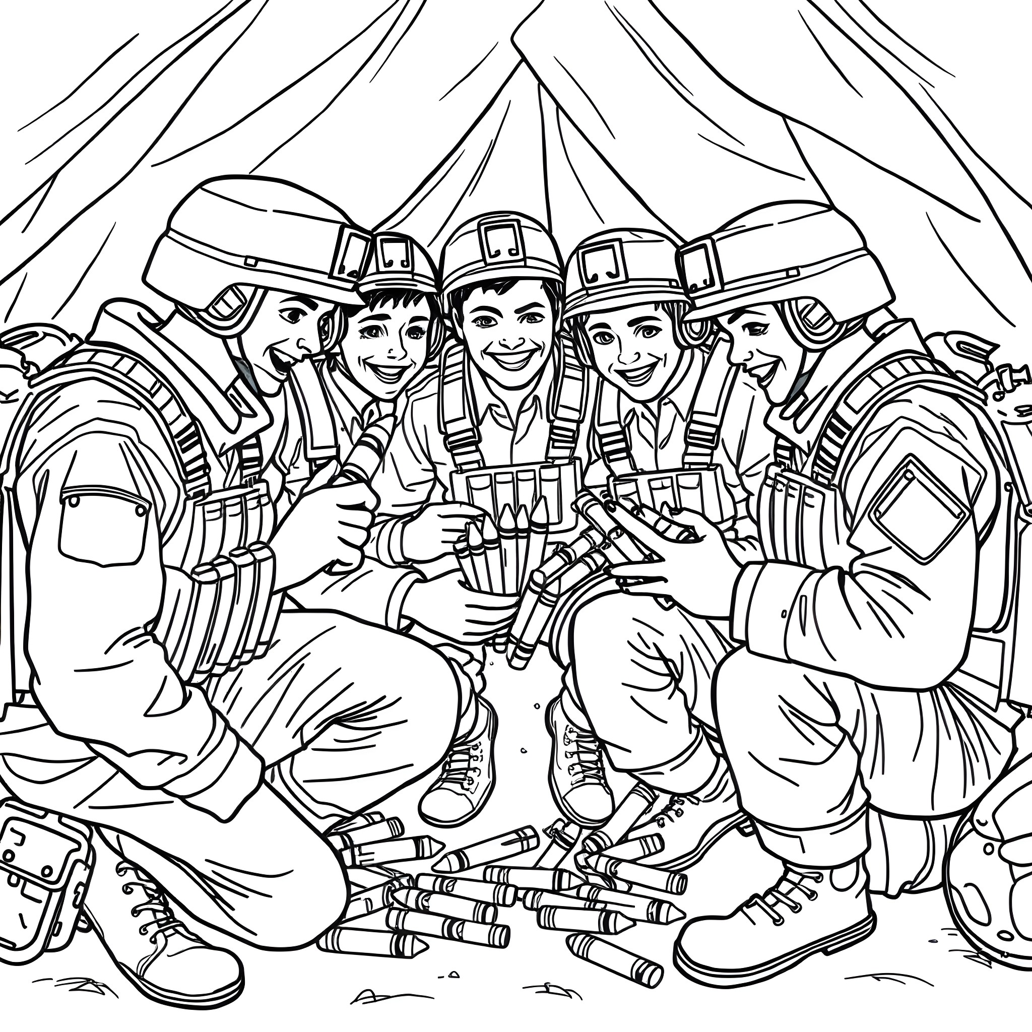 Marine Soldiers Bonding and Celebrating Together Coloring Page (free black-and-white line drawing printable PDF for all, from beginners to advanced learners, including children, teens, adults, and seniors)