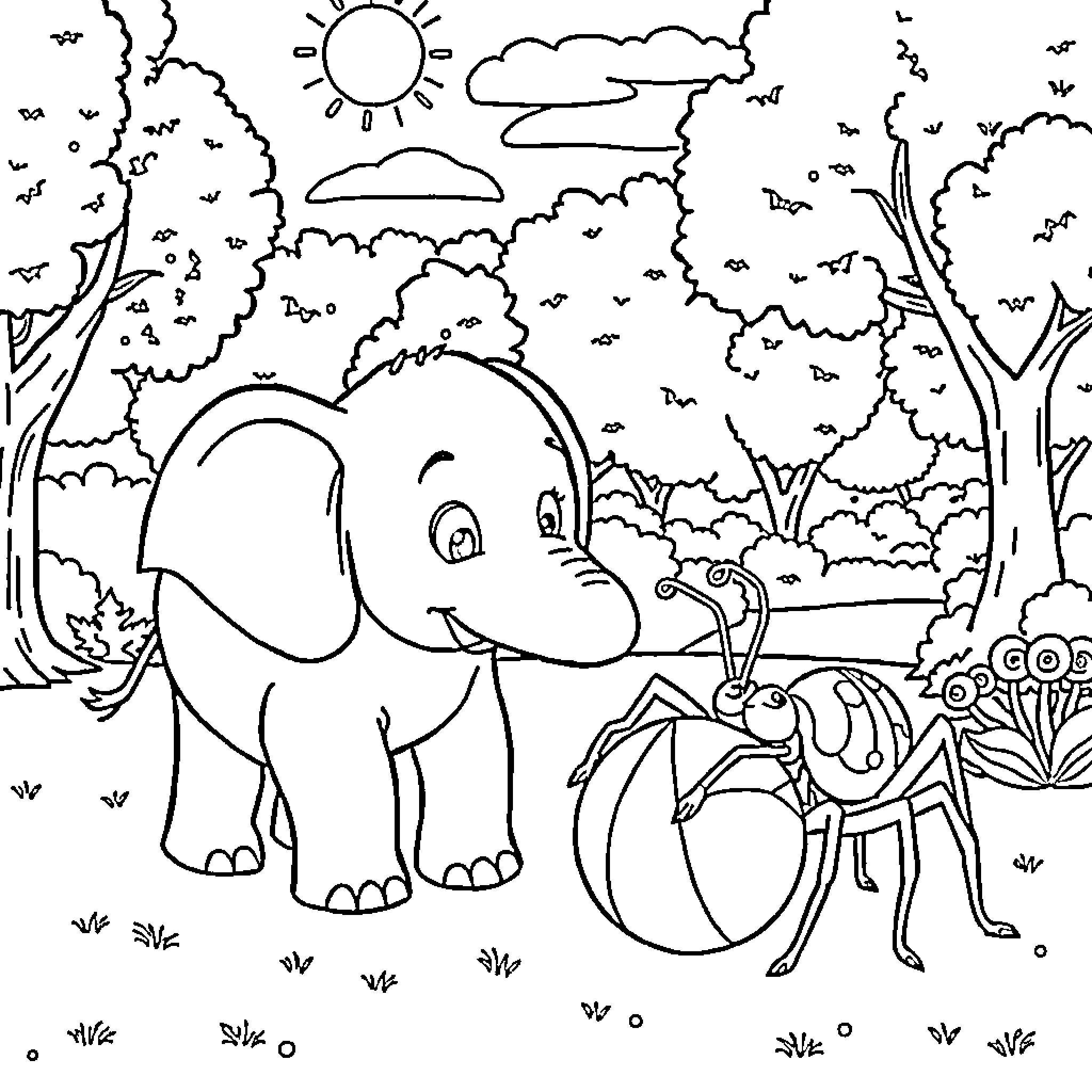 Elephant in the Jungle with Colorful Friends Coloring Page (free black-and-white line drawing printable PDF for all, from beginners to advanced learners, including children, teens, adults, and seniors)