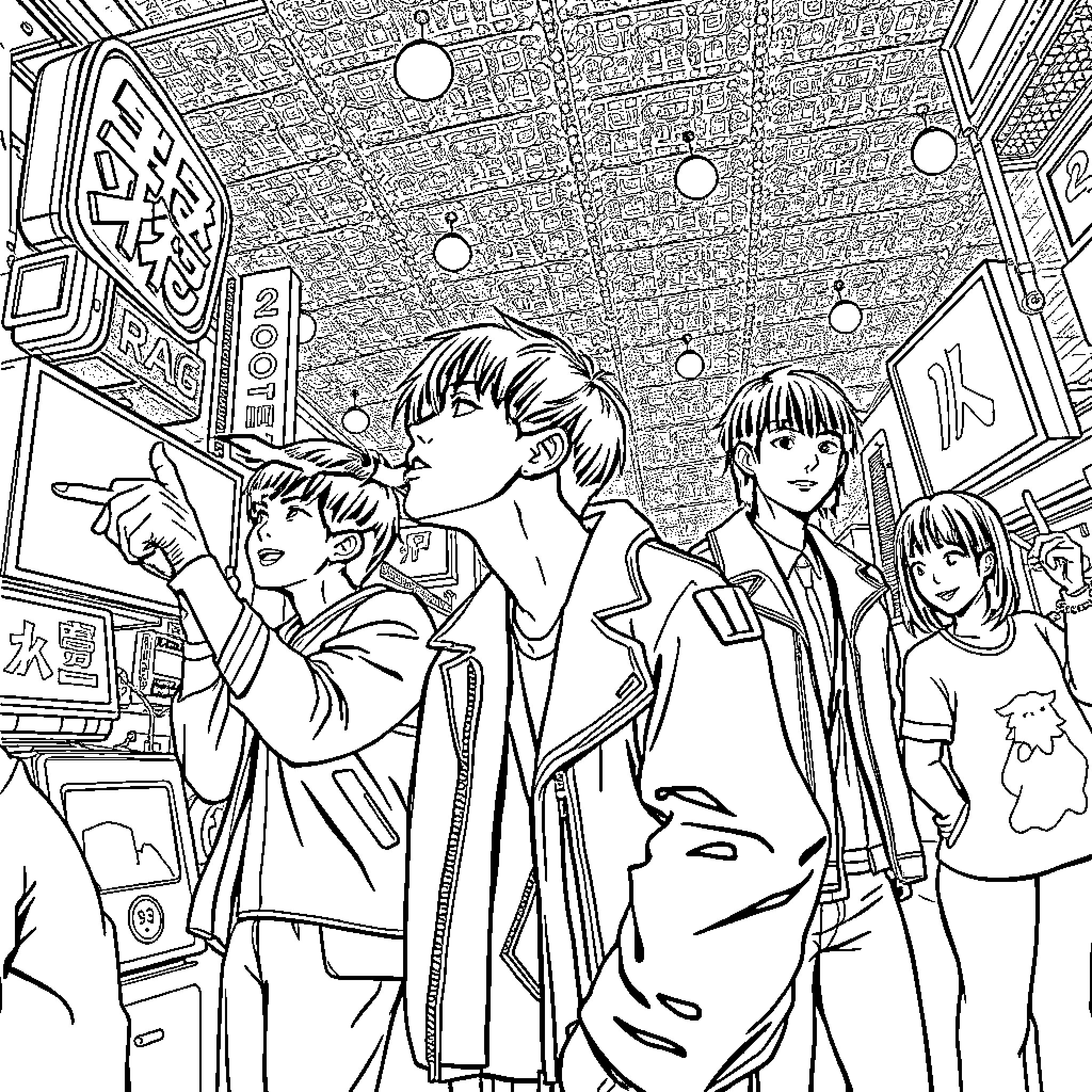 K Pop Group Exploring Vibrant City Coloring Page (free black-and-white line drawing printable PDF for all, from beginners to advanced learners, including children, teens, adults, and seniors)
