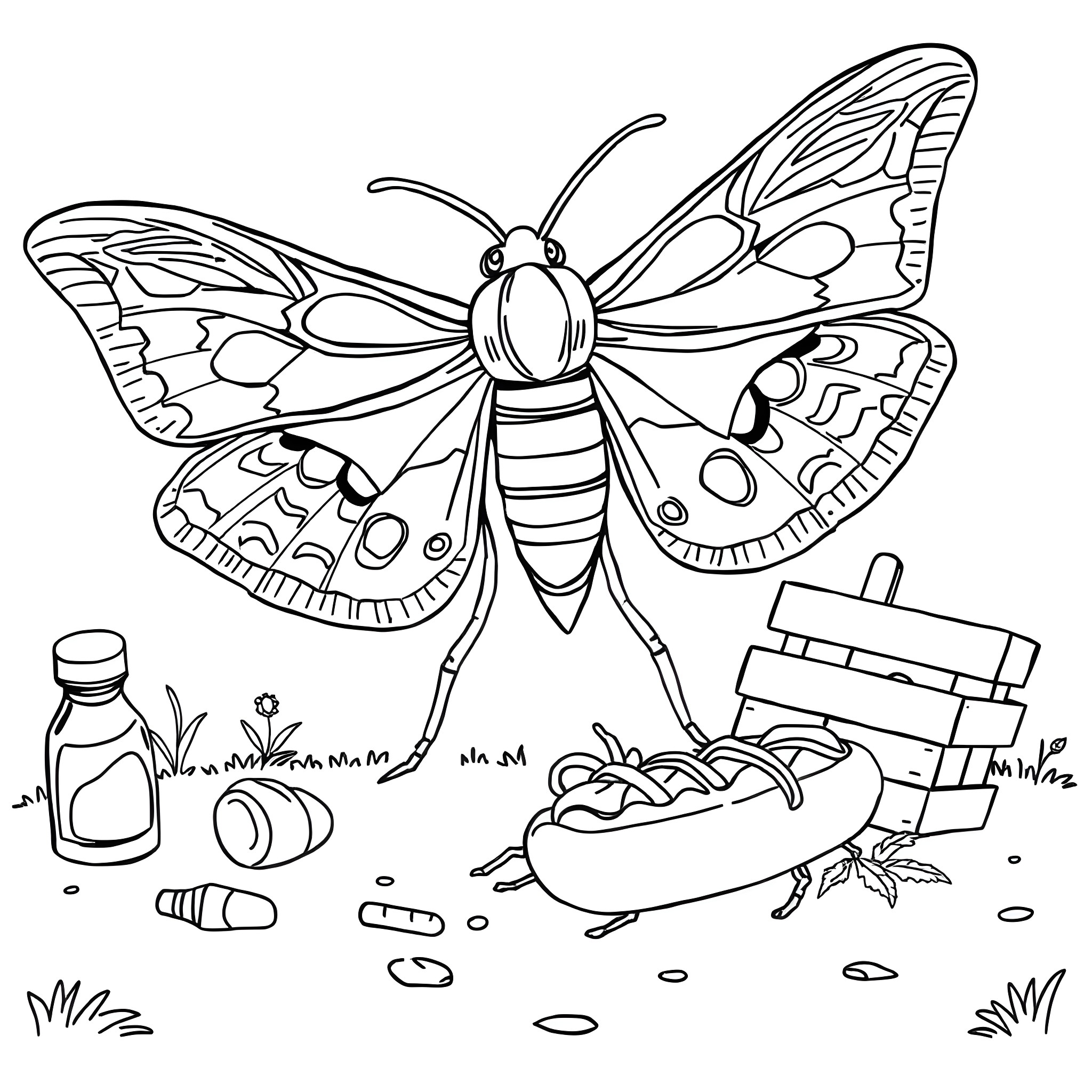 Moth exploring nature's wonders Coloring Page (free black-and-white line drawing printable PDF for all, from beginners to advanced learners, including children, teens, adults, and seniors)