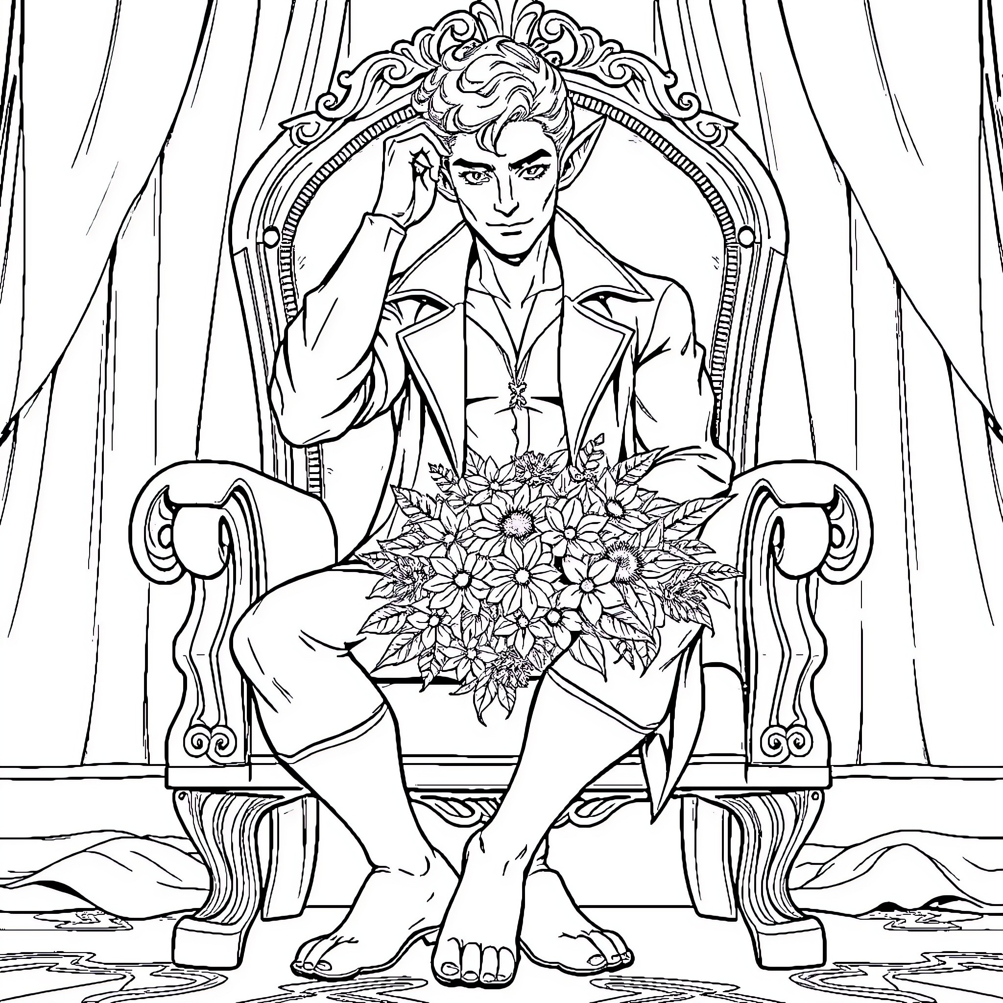 Elf prince in an ornate chair holding flowers Coloring Page (free black-and-white line drawing printable PDF for all, from beginners to advanced learners, including children, teens, adults, and seniors)
