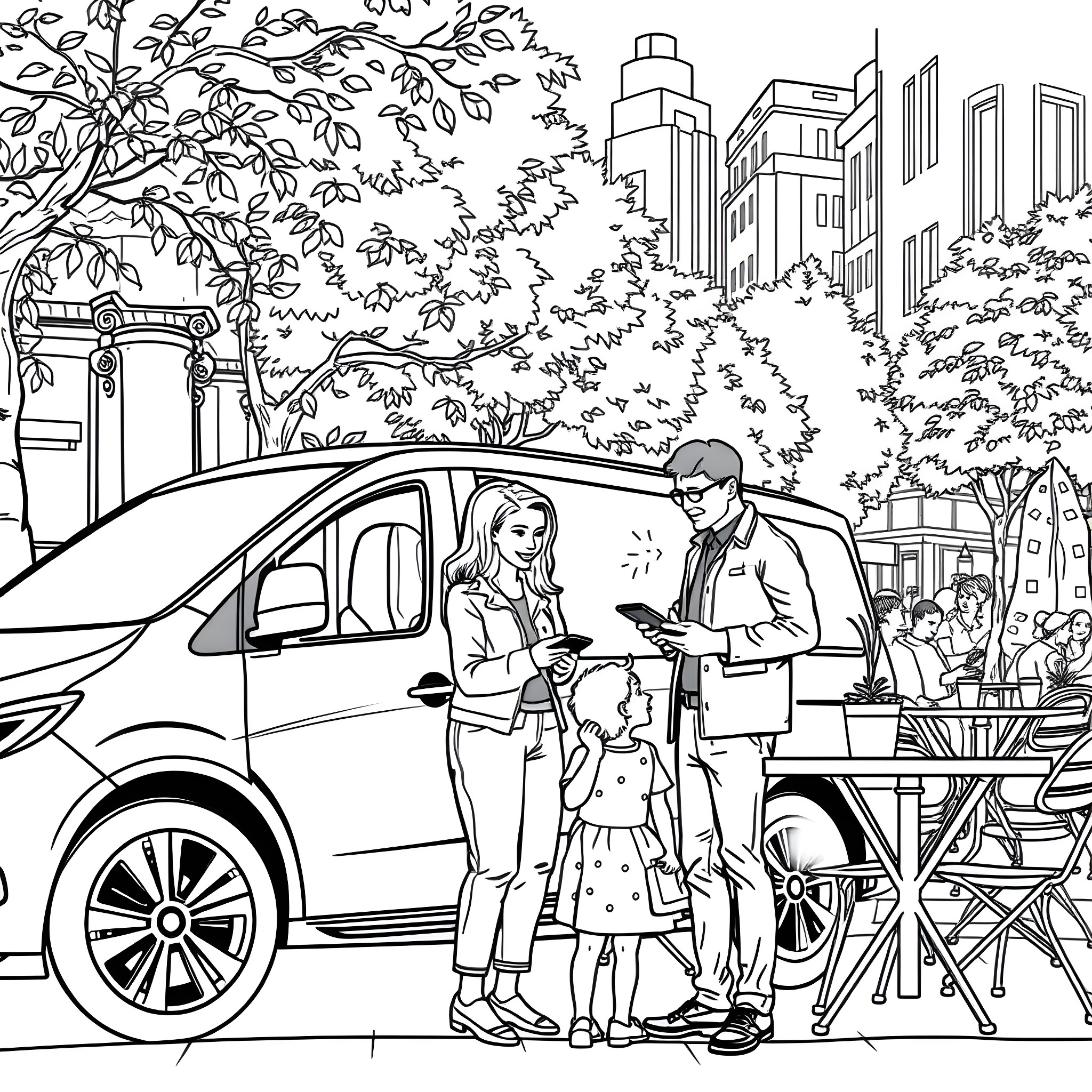 ANZ Mobile Lending - Customers Discussing Loan Options in Outdoor Urban Setting Coloring Page (free black-and-white line drawing printable PDF for all, from beginners to advanced learners, including children, teens, adults, and seniors)