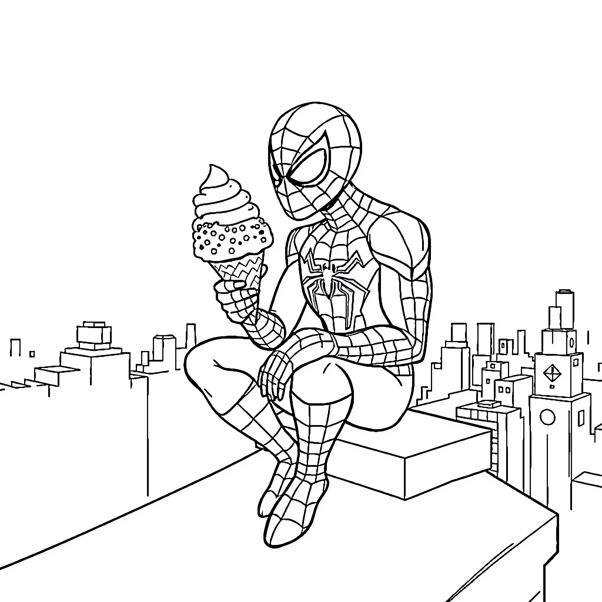 Spiderman relaxing and enjoying a sweet treat Coloring Page (free black-and-white line drawing printable PDF for all, from beginners to advanced learners, including children, teens, adults, and seniors)