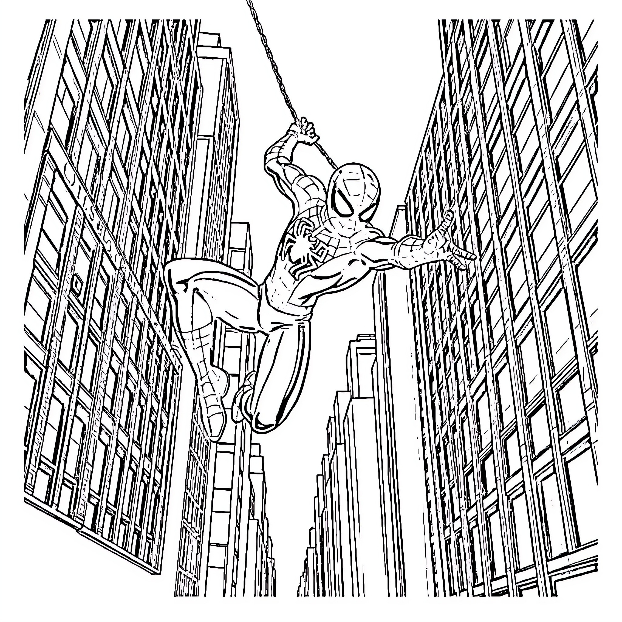 Spider-Man swinging through the city skyline Coloring Page (free black-and-white line drawing printable PDF for all, from beginners to advanced learners, including children, teens, adults, and seniors)