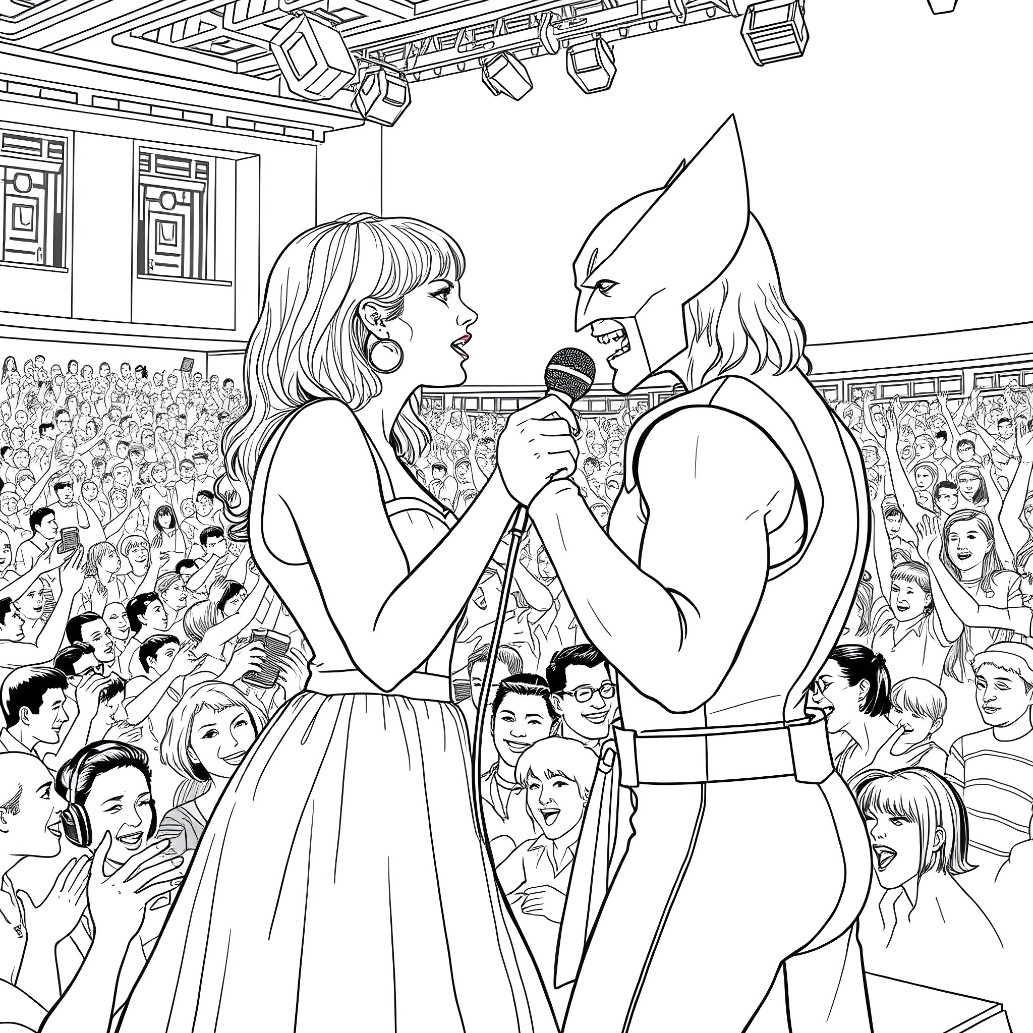 Taylor Swift performs on stage with bandmates Coloring Page (free black-and-white line drawing printable PDF for all, from beginners to advanced learners, including children, teens, adults, and seniors)