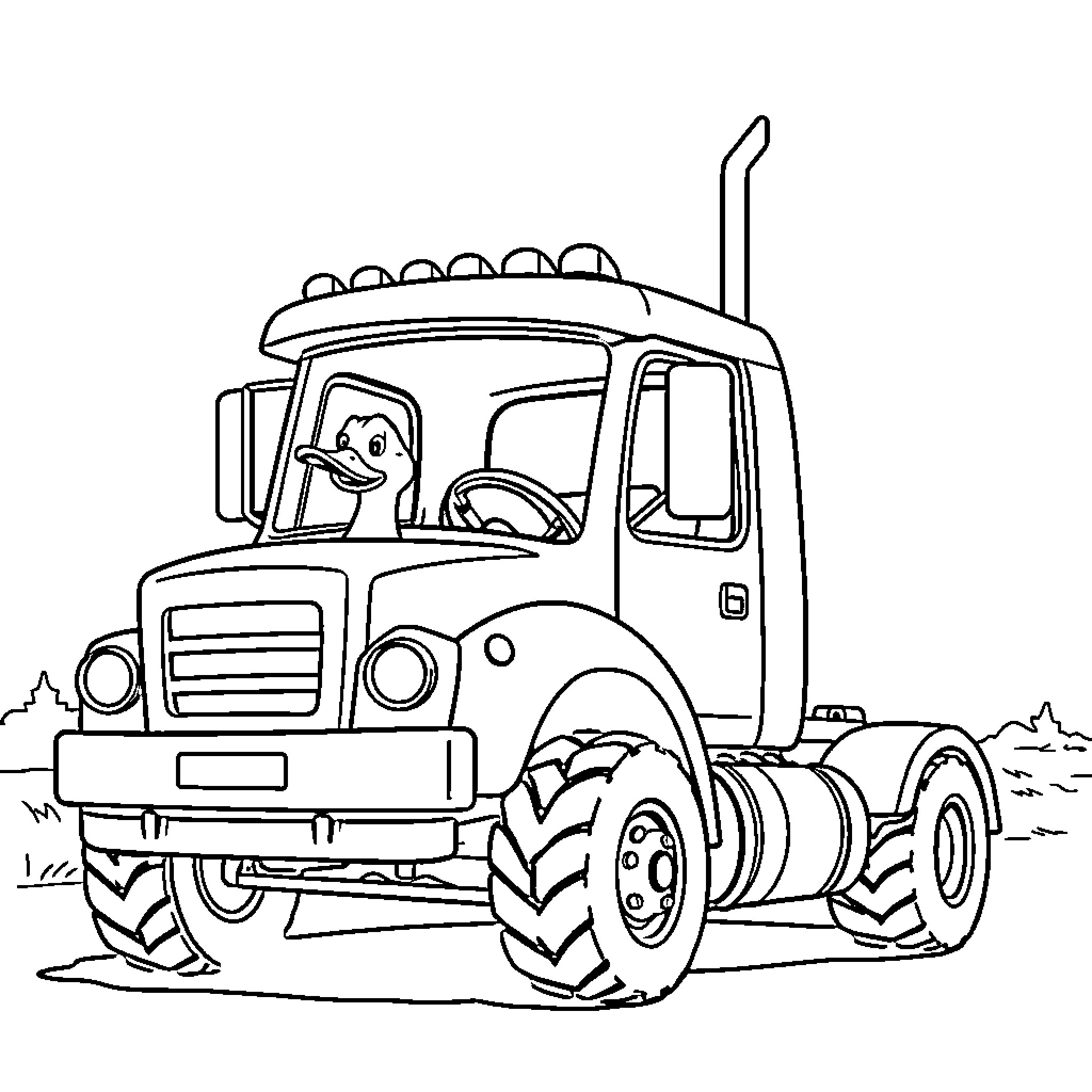 Duck Driving a Tractor on the Farm Coloring Page (free black-and-white line drawing printable PDF for all, from beginners to advanced learners, including children, teens, adults, and seniors)