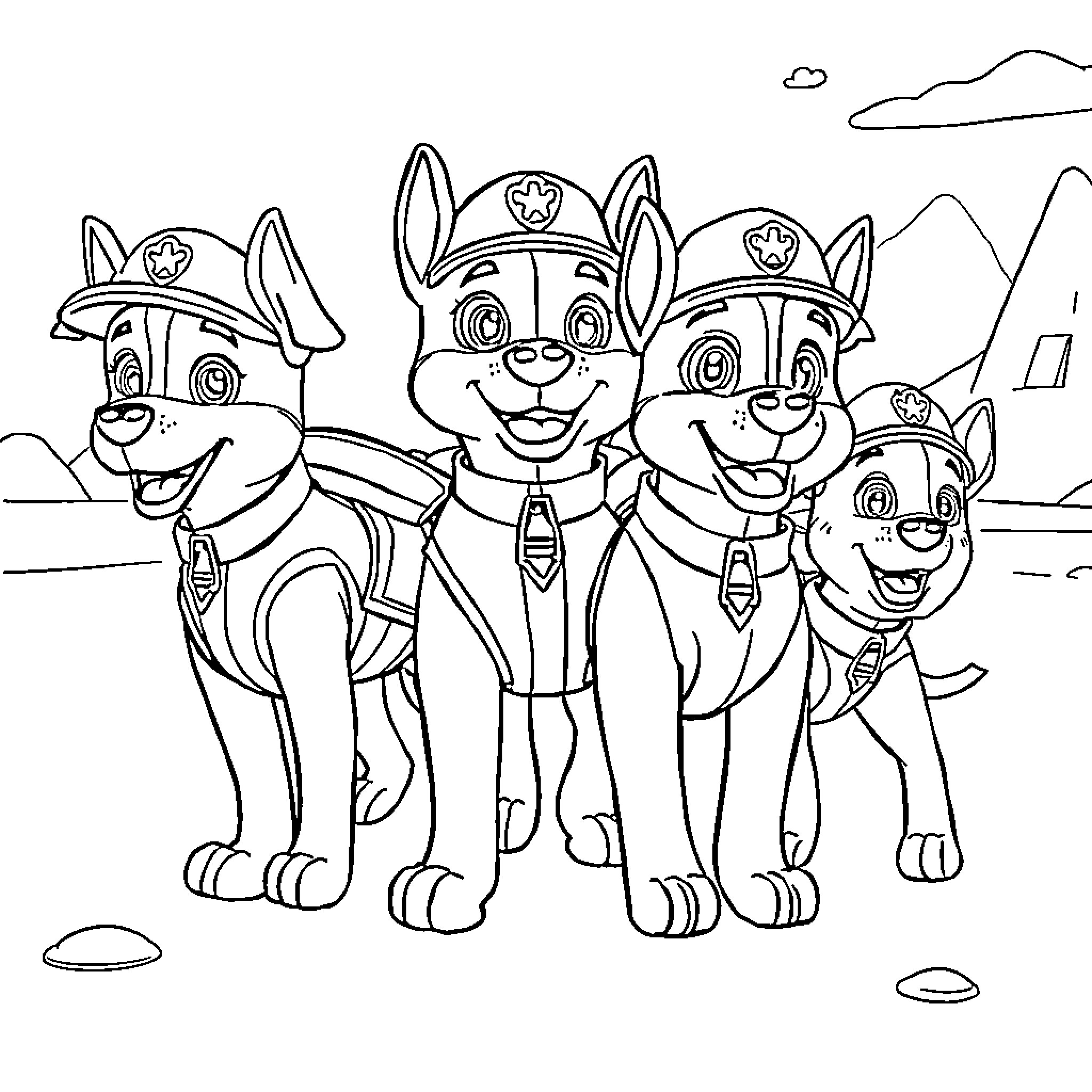 Paw Patrol pups on an adventure Coloring Page (free black-and-white line drawing printable PDF for all, from beginners to advanced learners, including children, teens, adults, and seniors)