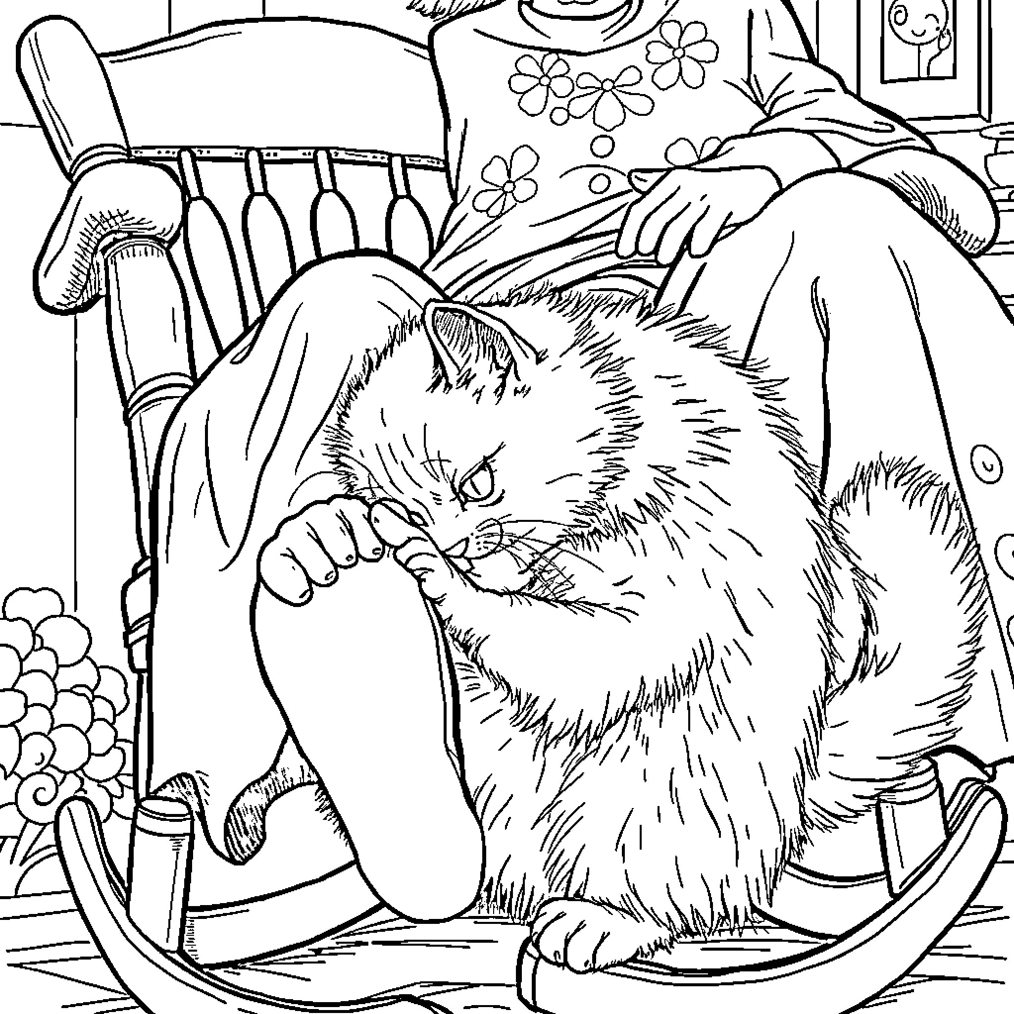 Cat relaxing comfortably in armchair Coloring Page (free black-and-white line drawing printable PDF for all, from beginners to advanced learners, including children, teens, adults, and seniors)