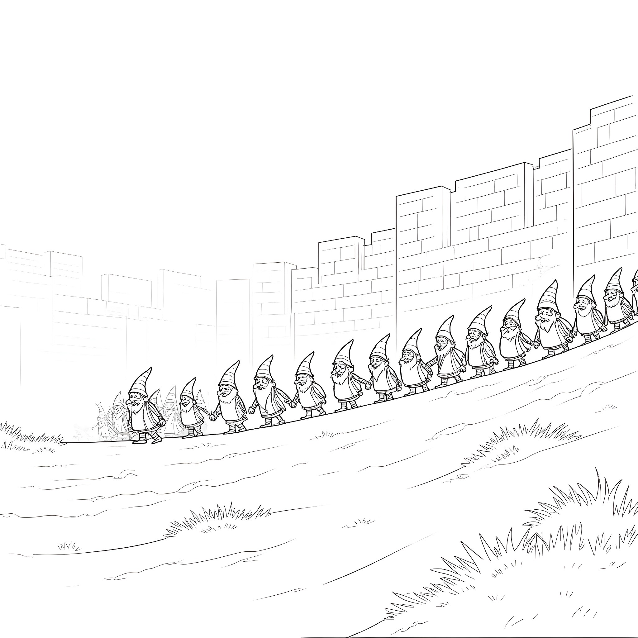 Gnome marching band parading through the city Coloring Page (free black-and-white line drawing printable PDF for all, from beginners to advanced learners, including children, teens, adults, and seniors)