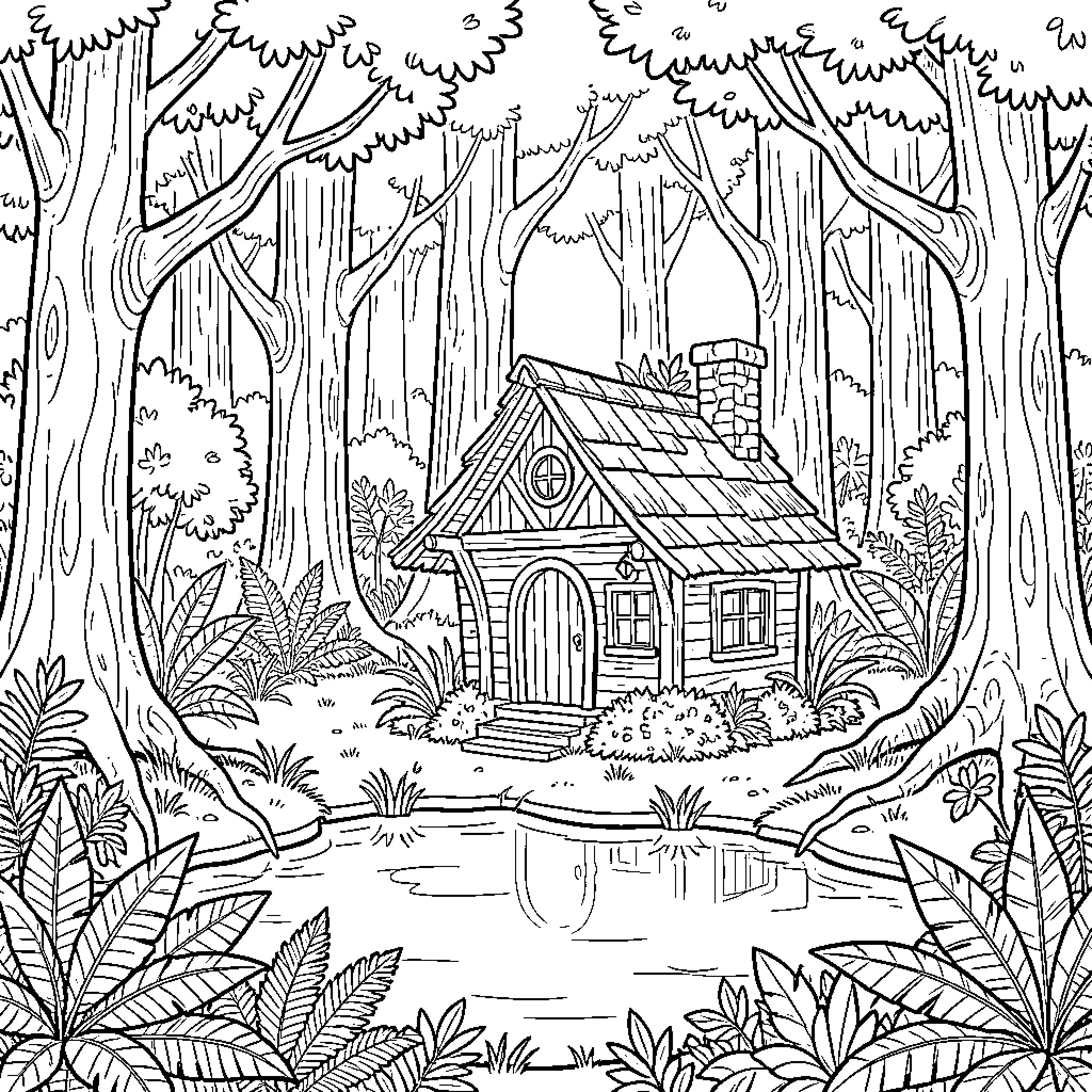 Fairy house nestled within a dense magical forest Coloring Page (free black-and-white line drawing printable PDF for all, from beginners to advanced learners, including children, teens, adults, and seniors)