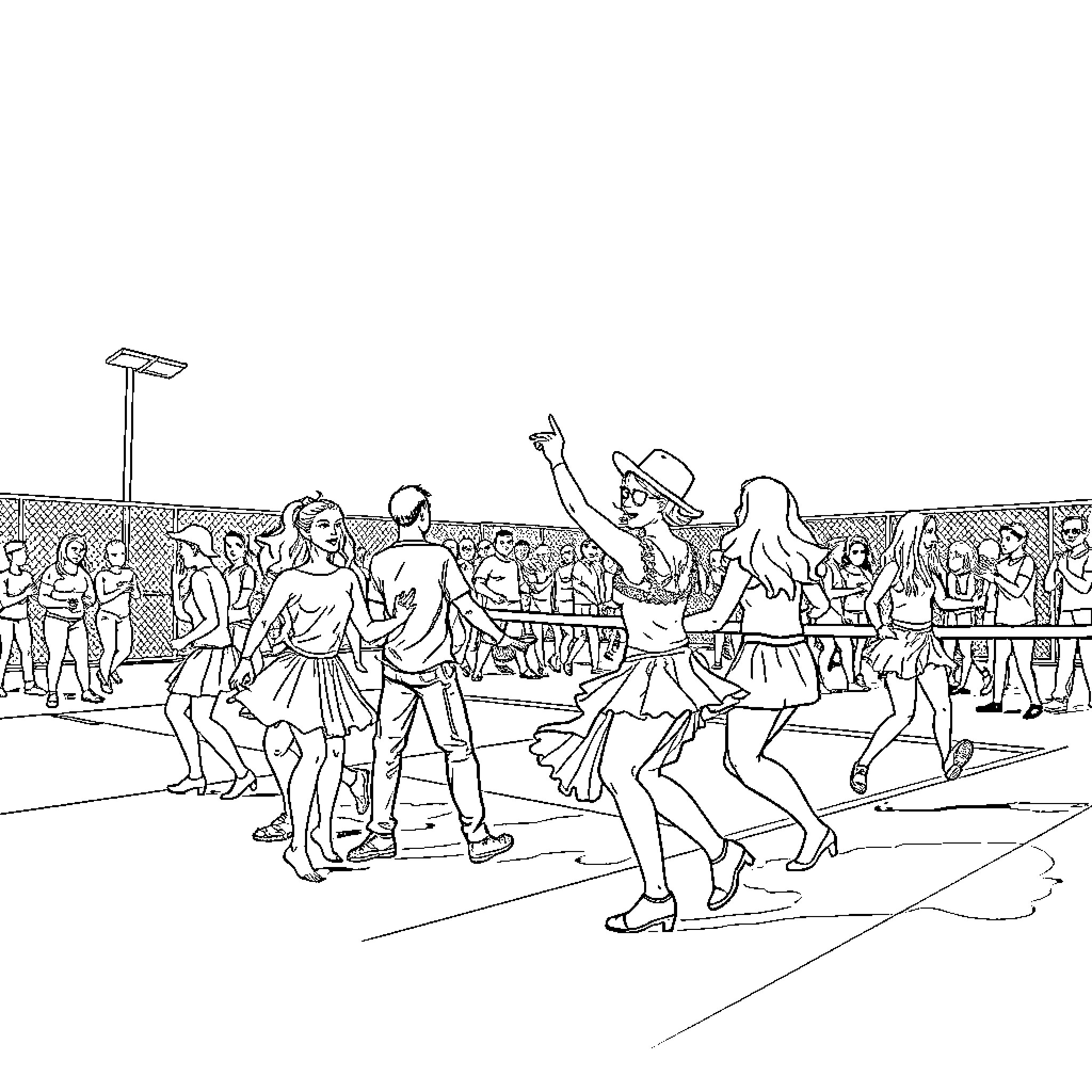 Carnival of Lively Dancers and Celebrants Coloring Page (free black-and-white line drawing printable PDF for all, from beginners to advanced learners, including children, teens, adults, and seniors)
