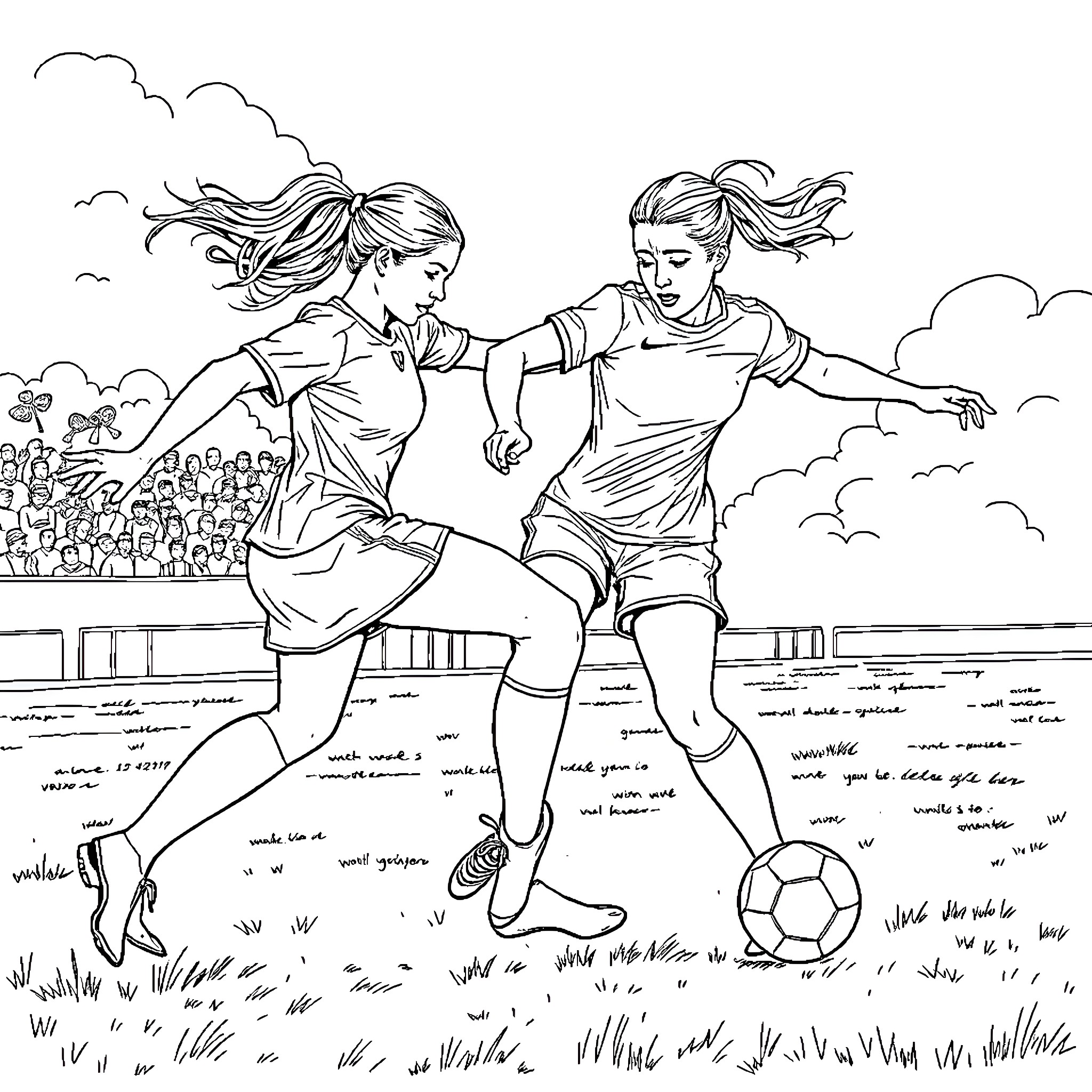Soccer Players Competing Passionately on the Field Coloring Page (free black-and-white line drawing printable PDF for all, from beginners to advanced learners, including children, teens, adults, and seniors)