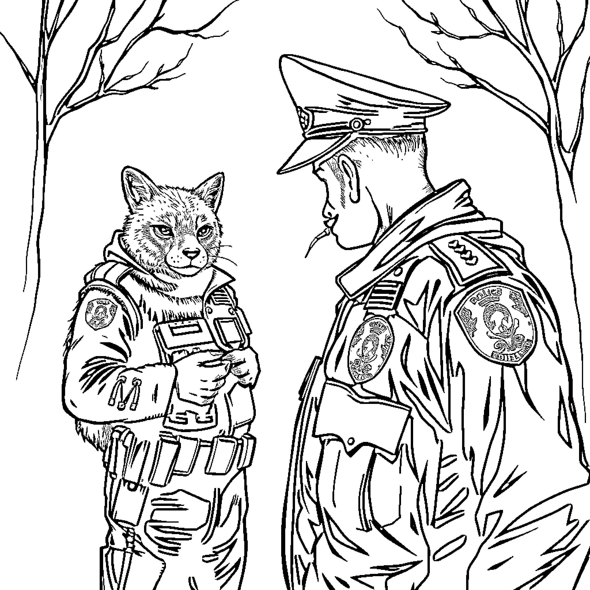 Police and Thief Confrontation in the Woods Coloring Page (free black-and-white line drawing printable PDF for all, from beginners to advanced learners, including children, teens, adults, and seniors)
