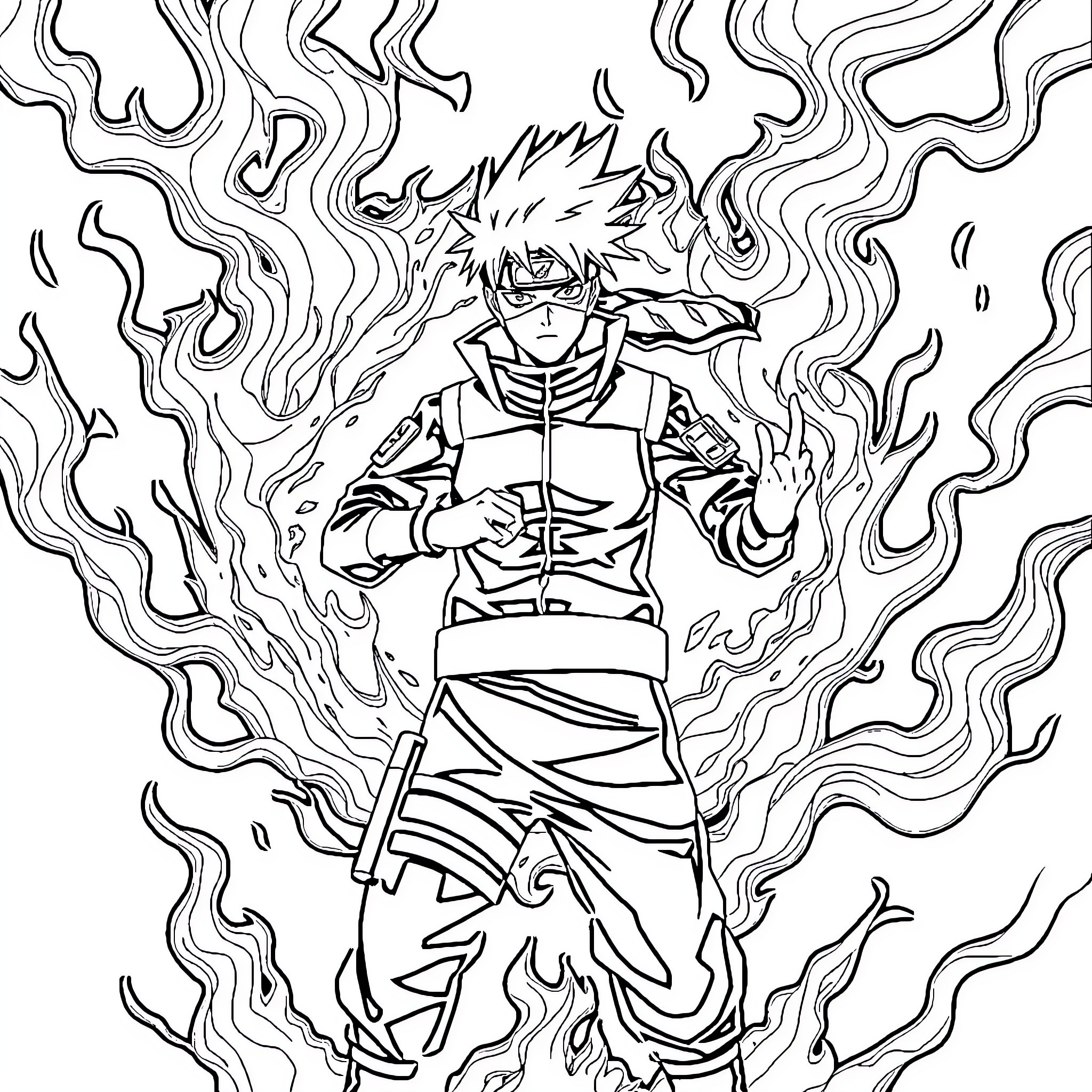 Kakashi's Fiery Determination Coloring Page (free black-and-white line drawing printable PDF for all, from beginners to advanced learners, including children, teens, adults, and seniors)