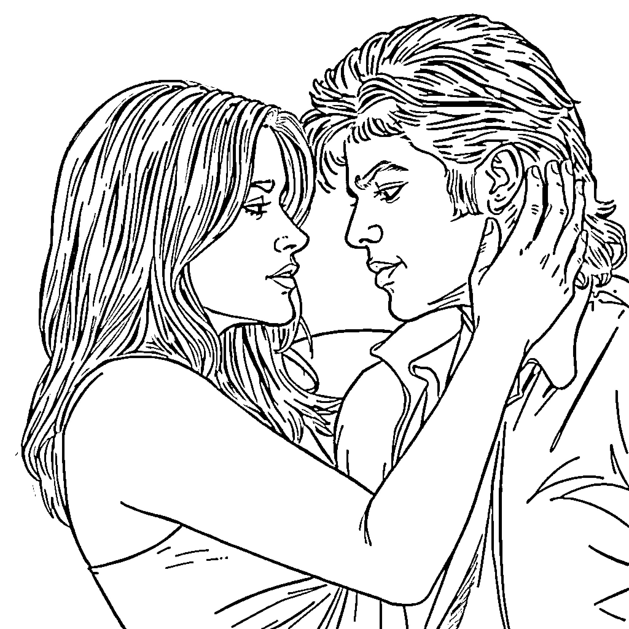 Jennifer Aniston in a romantic embrace Coloring Page (free black-and-white line drawing printable PDF for all, from beginners to advanced learners, including children, teens, adults, and seniors)