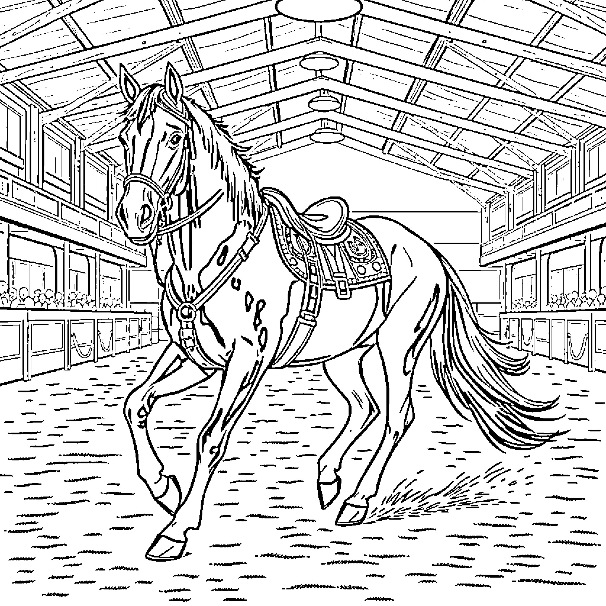 Horse standing in ornate saddle in barn Coloring Page (free black-and-white line drawing printable PDF for all, from beginners to advanced learners, including children, teens, adults, and seniors)