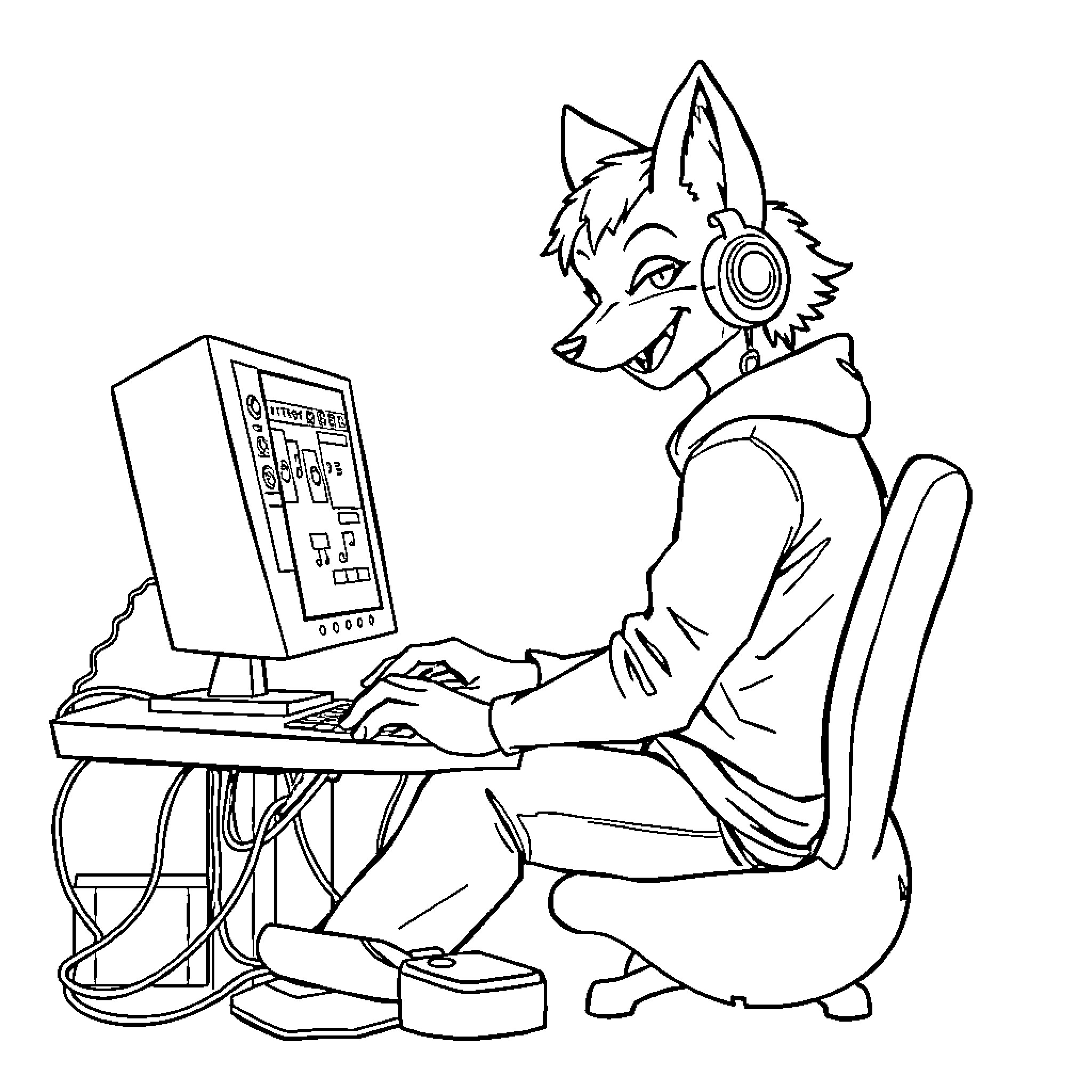 Toby Fox creating digital art on computer Coloring Page (free black-and-white line drawing printable PDF for all, from beginners to advanced learners, including children, teens, adults, and seniors)