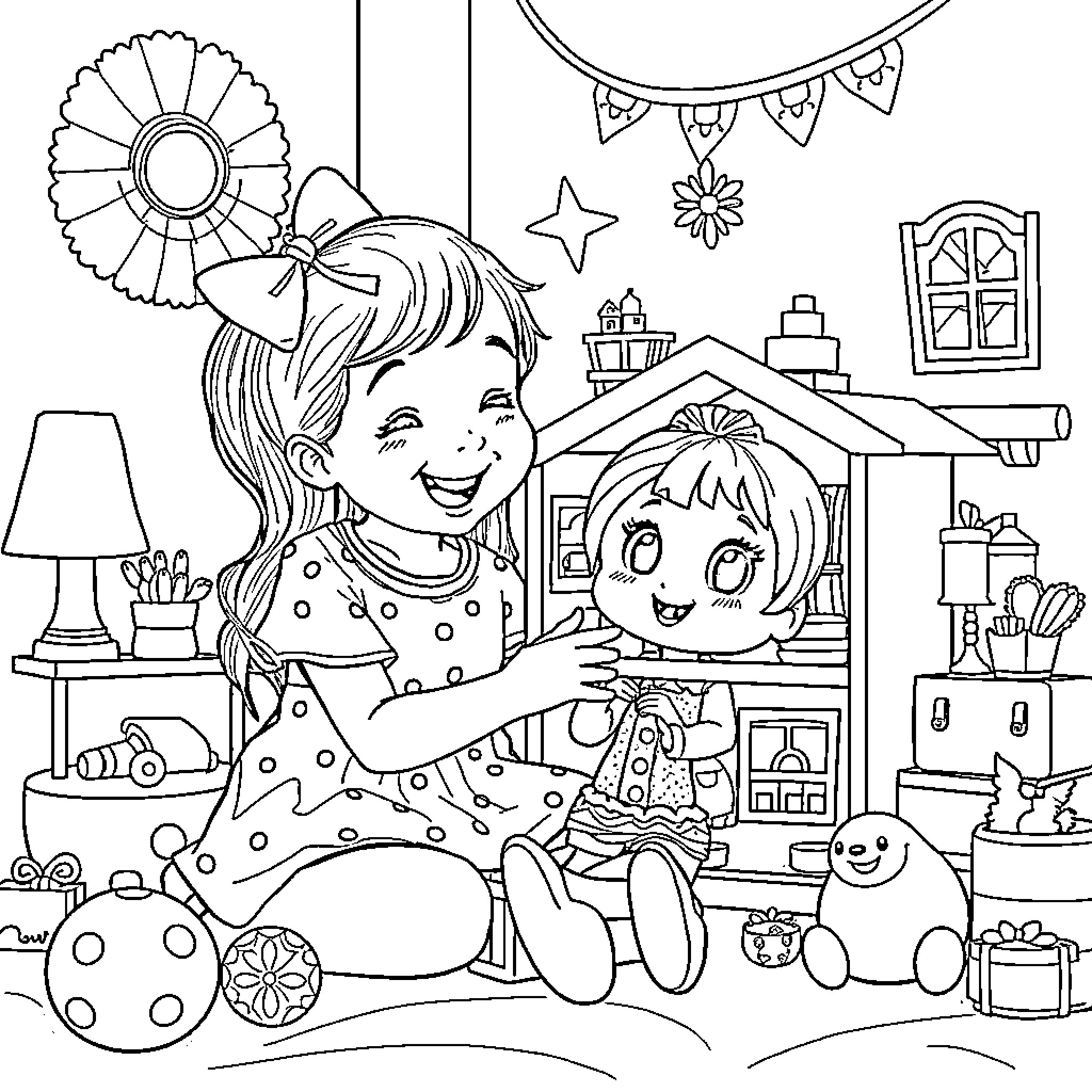 Girl playing happily with toys in her room Coloring Page (free black-and-white line drawing printable PDF for all, from beginners to advanced learners, including children, teens, adults, and seniors)