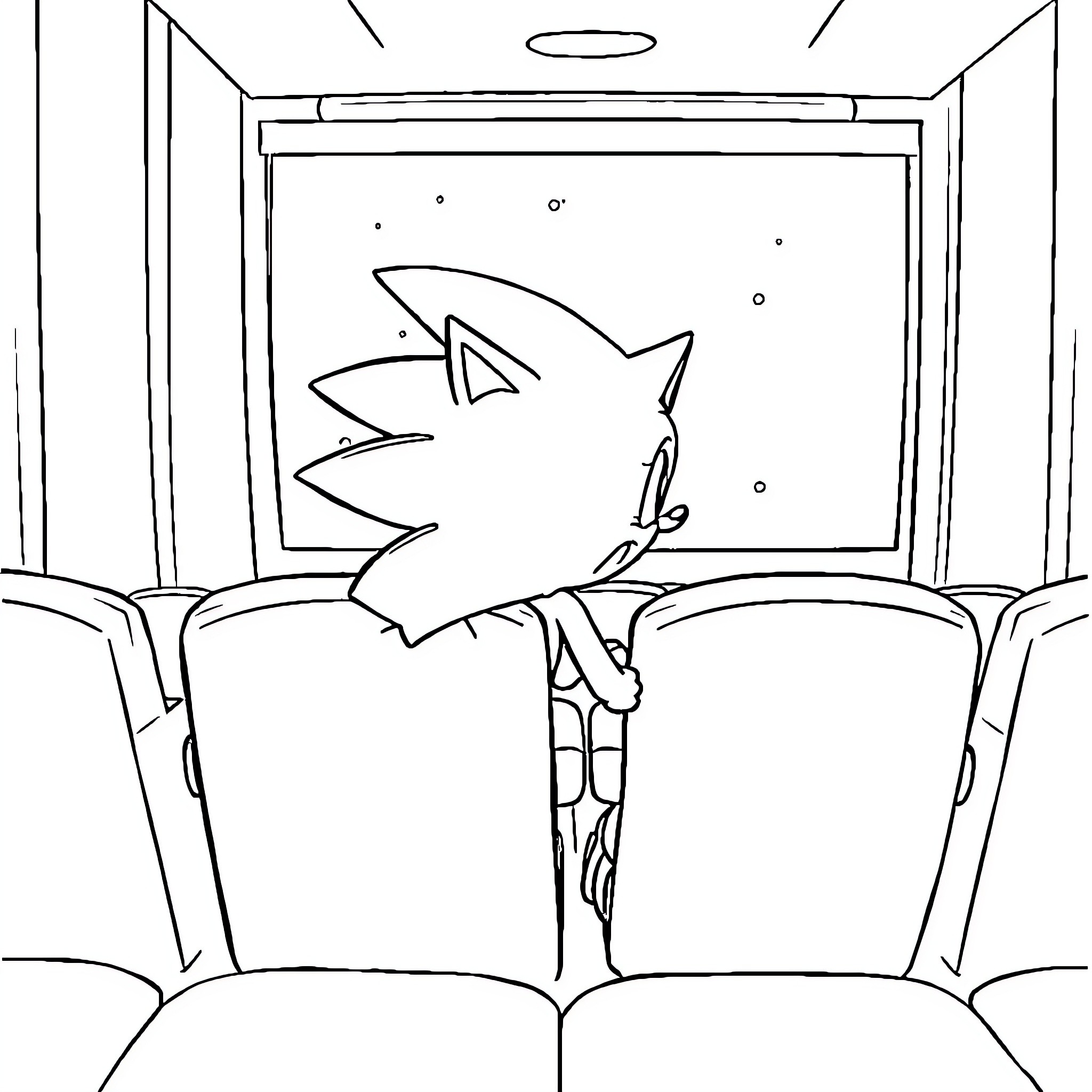 Sonic resting in a cinema theater Coloring Page (free black-and-white line drawing printable PDF for all, from beginners to advanced learners, including children, teens, adults, and seniors)