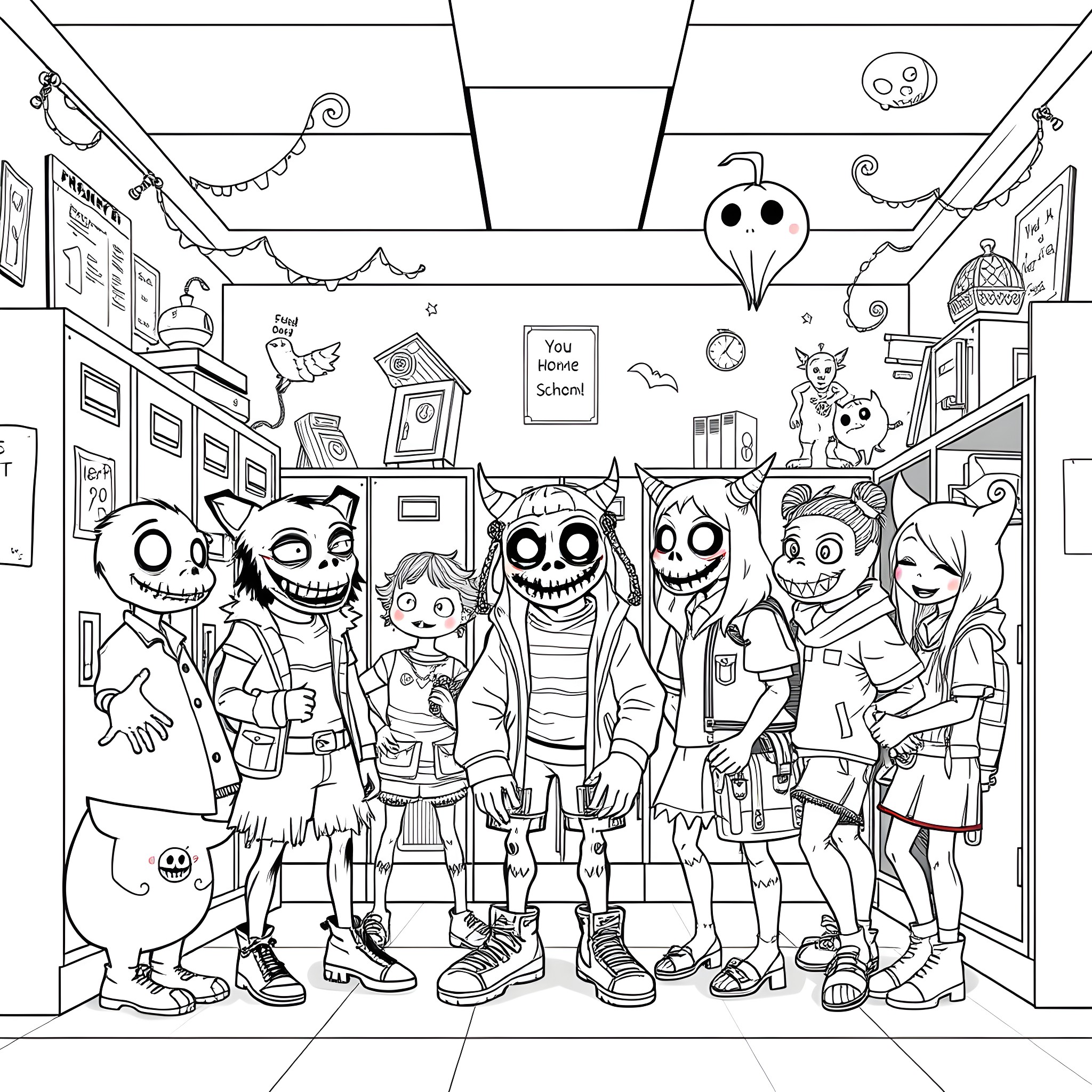 Monster High Characters in a Spooky Classroom Coloring Page (free black-and-white line drawing printable PDF for all, from beginners to advanced learners, including children, teens, adults, and seniors)