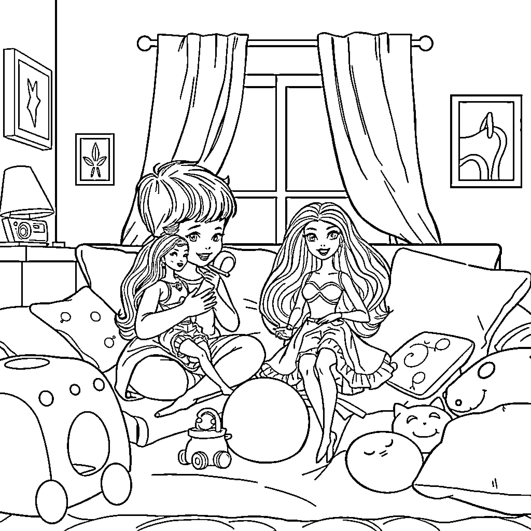 Barbie sisters playing with toys in their bedroom Coloring Page (free black-and-white line drawing printable PDF for all, from beginners to advanced learners, including children, teens, adults, and seniors)