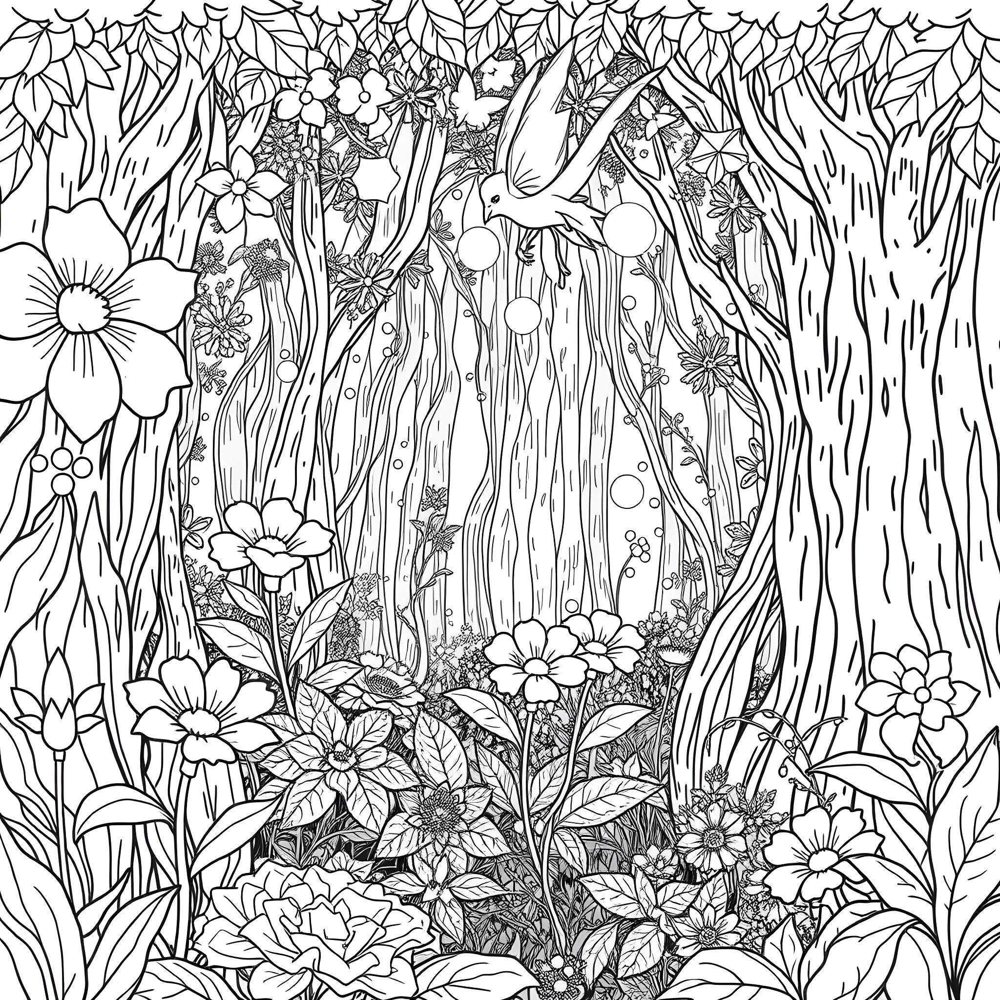 Fairy Garden of Whimsical Flowers and Foliage Coloring Page (free black-and-white line drawing printable PDF for all, from beginners to advanced learners, including children, teens, adults, and seniors)