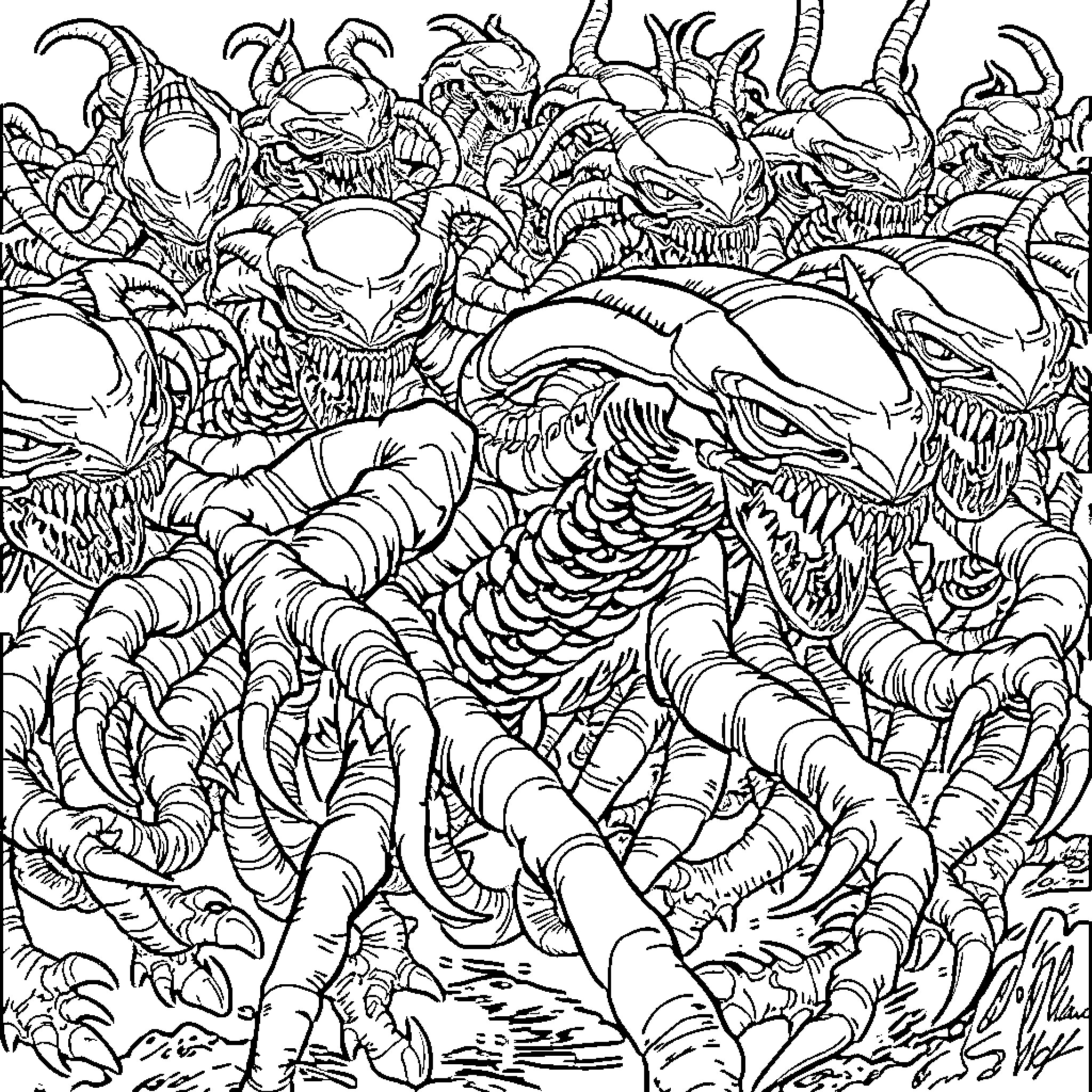 Tyranid Horde Swarming with Ferocious Intensity Coloring Page (free black-and-white line drawing printable PDF for all, from beginners to advanced learners, including children, teens, adults, and seniors)