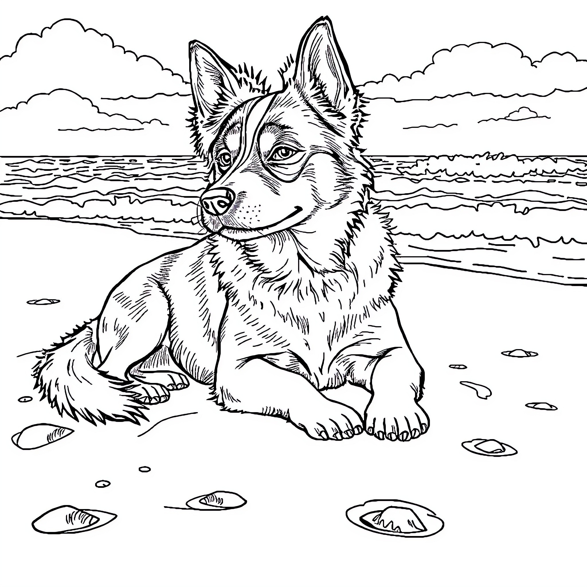 Dog relaxing on the beach Coloring Page (free black-and-white line drawing printable PDF for all, from beginners to advanced learners, including children, teens, adults, and seniors)