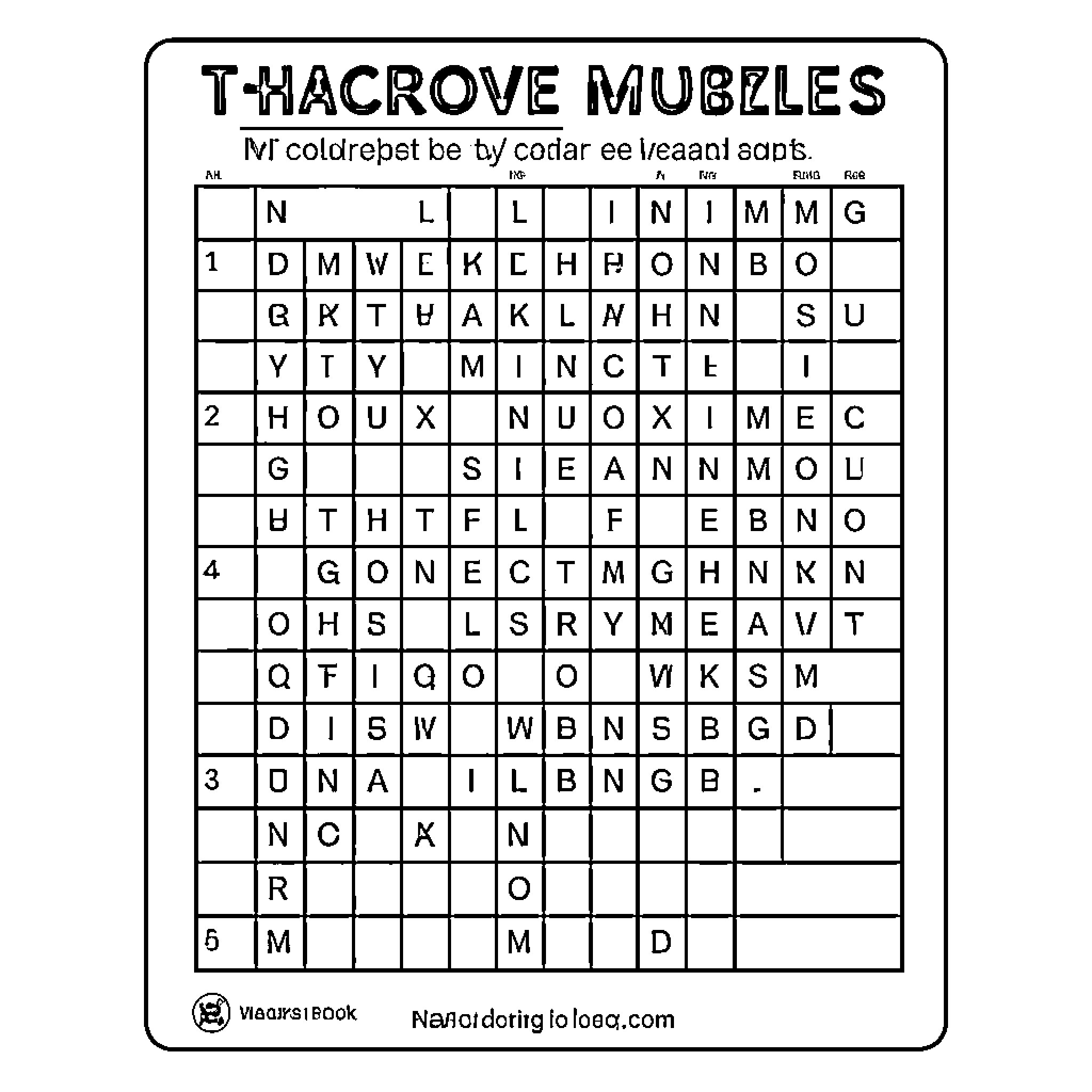 Crossword Puzzle featuring jumbled letters and grid layout Coloring Page (free black-and-white line drawing printable PDF for all, from beginners to advanced learners, including children, teens, adults, and seniors)