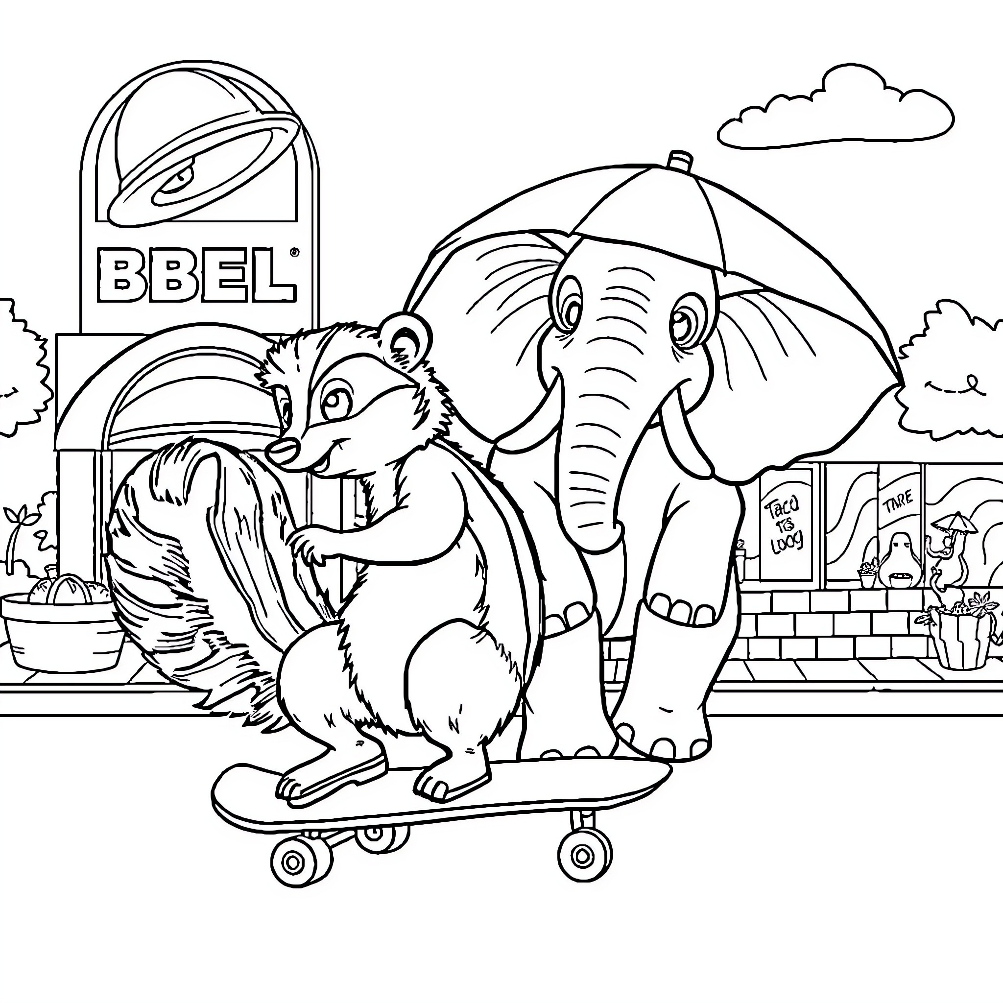 Skunk and elephant having fun on a skateboard Coloring Page (free black-and-white line drawing printable PDF for all, from beginners to advanced learners, including children, teens, adults, and seniors)