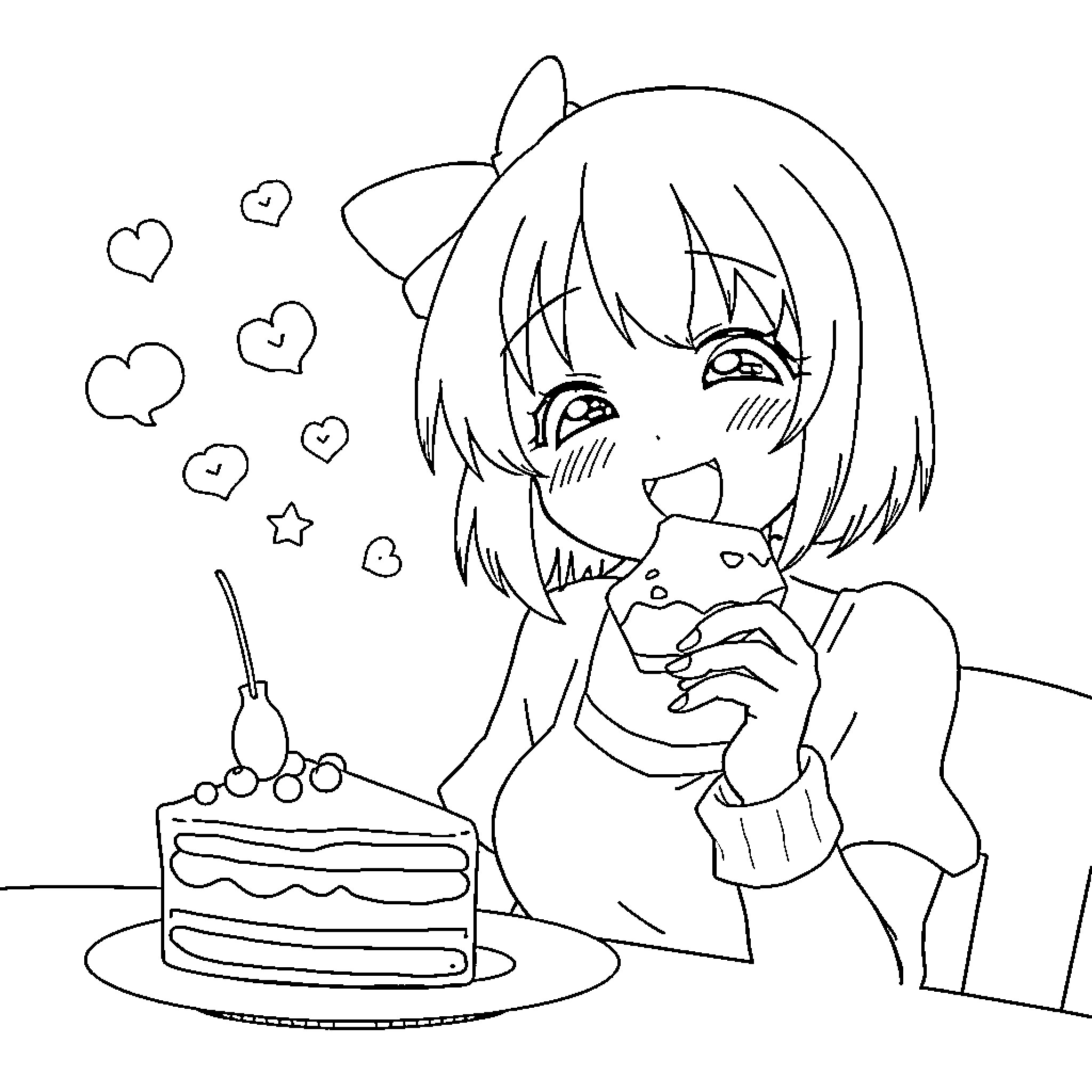 Kuromi enjoying a cute cake with hearts Coloring Page (free black-and-white line drawing printable PDF for all, from beginners to advanced learners, including children, teens, adults, and seniors)
