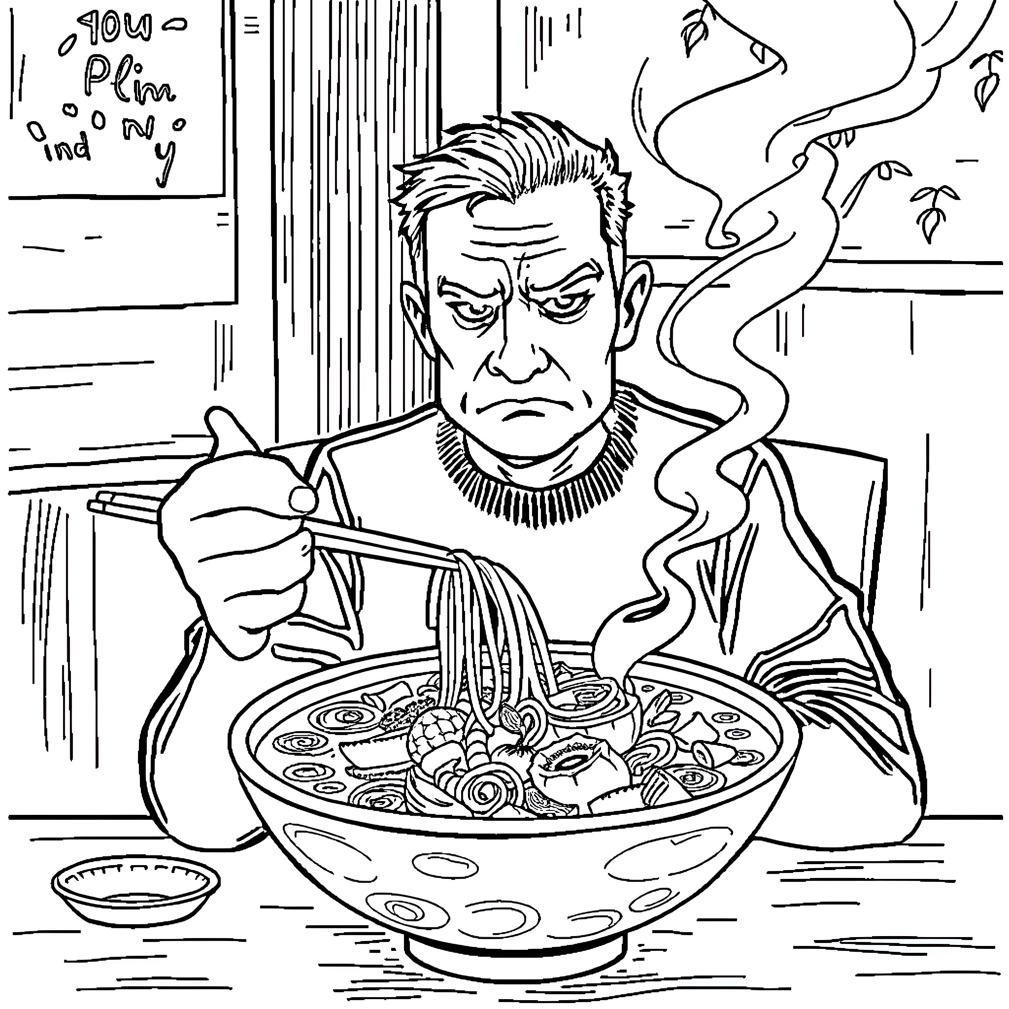 Person angrily eating ramen in a messy room Coloring Page (free black-and-white line drawing printable PDF for all, from beginners to advanced learners, including children, teens, adults, and seniors)