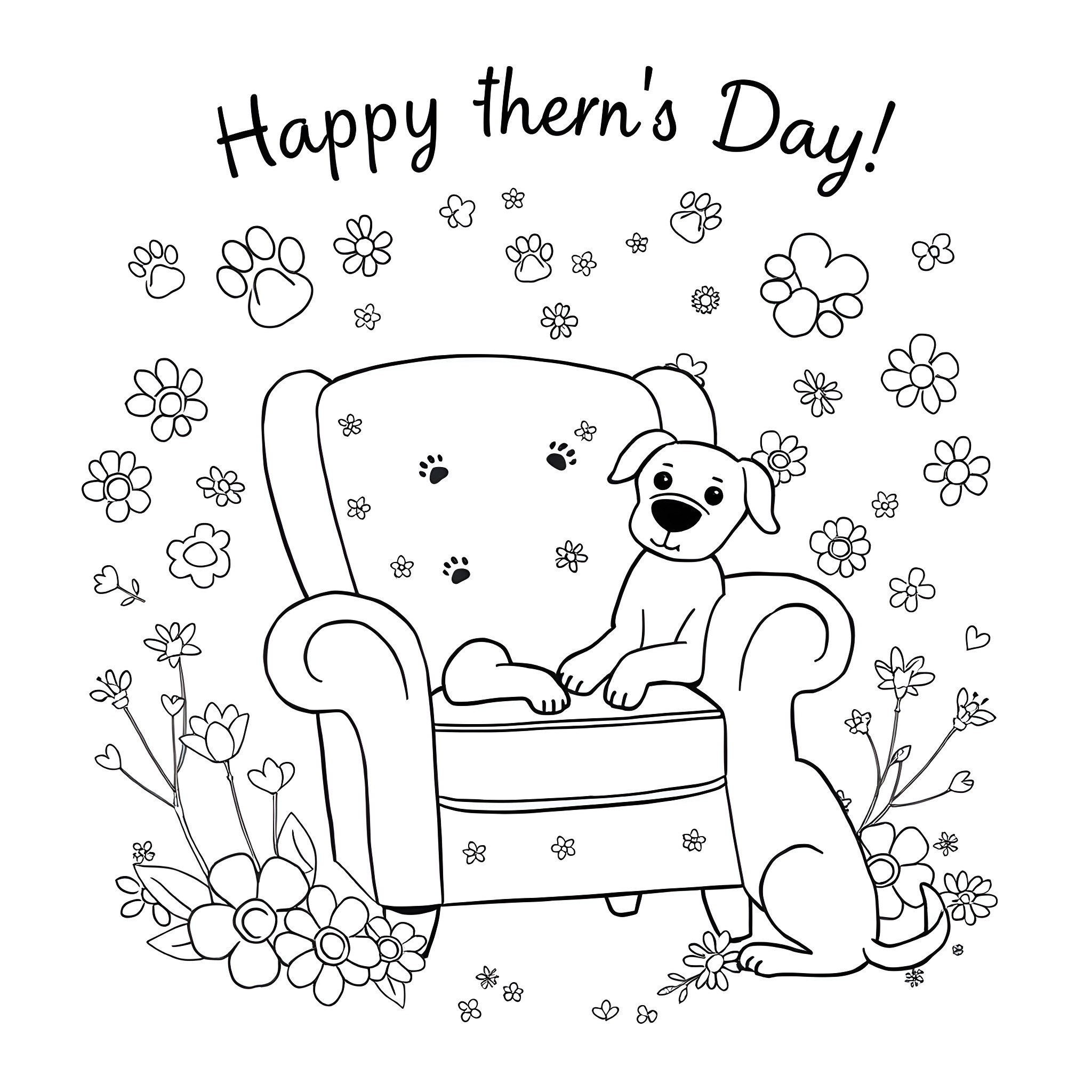 Father's Day with Playful Dog on Armchair Coloring Page (free black-and-white line drawing printable PDF for all, from beginners to advanced learners, including children, teens, adults, and seniors)