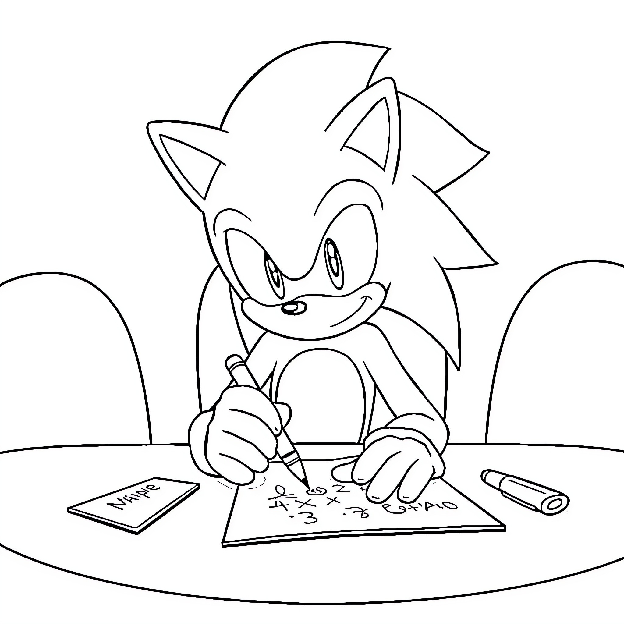 Sonic Doodling Creatively on Paper Coloring Page (free black-and-white line drawing printable PDF for all, from beginners to advanced learners, including children, teens, adults, and seniors)