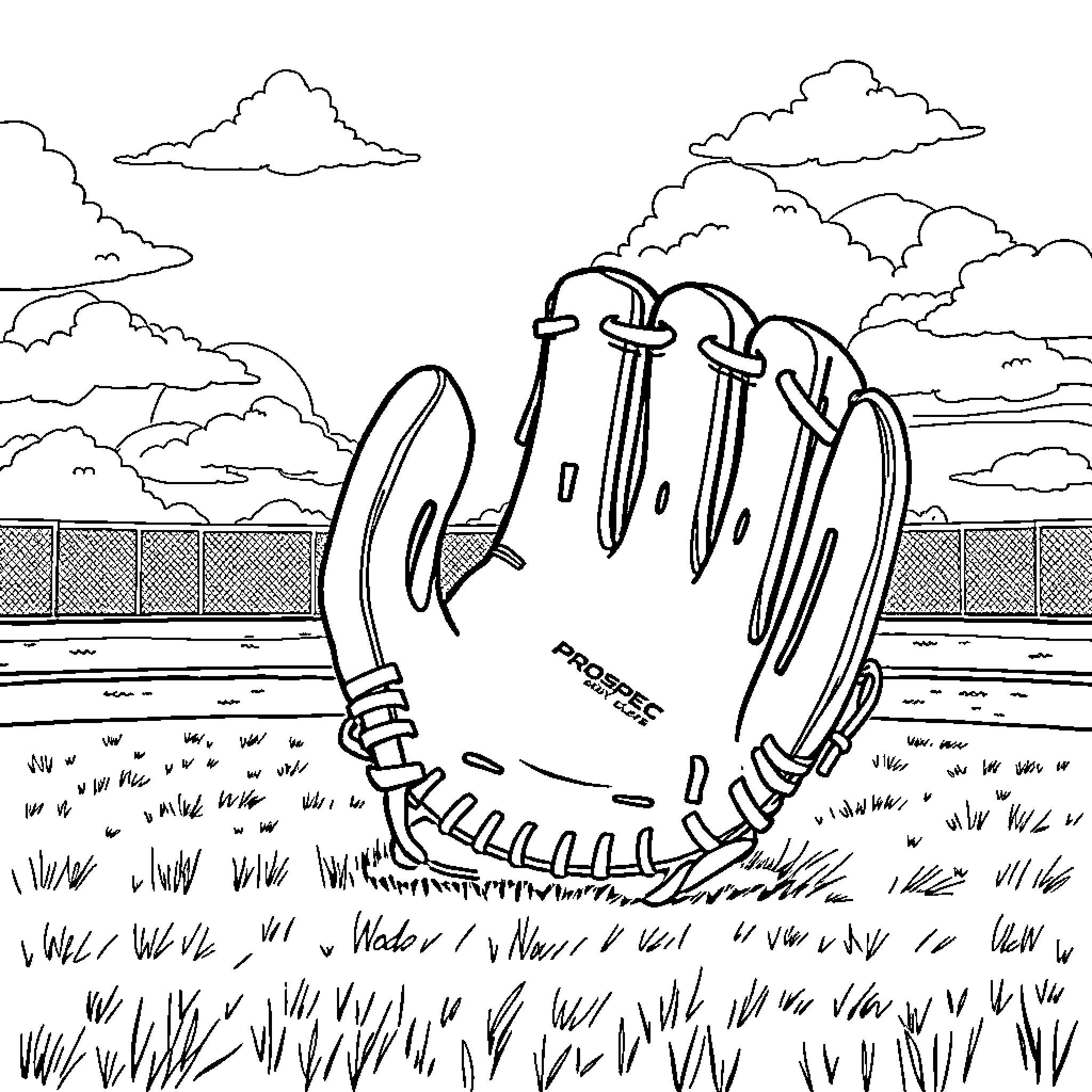 Baseball Glove in the Outfield Coloring Page (free black-and-white line drawing printable PDF for all, from beginners to advanced learners, including children, teens, adults, and seniors)