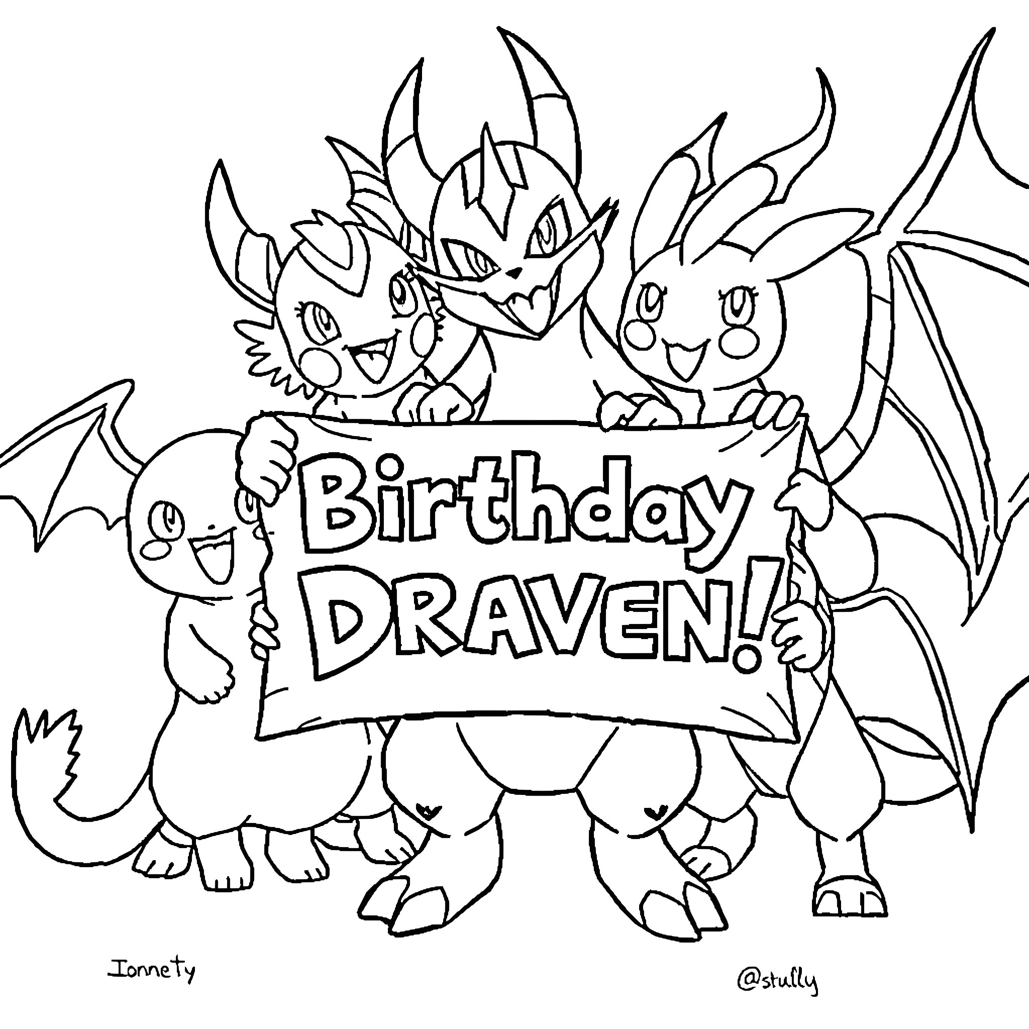 Pokémon creatures celebrating a birthday Coloring Page (free black-and-white line drawing printable PDF for all, from beginners to advanced learners, including children, teens, adults, and seniors)