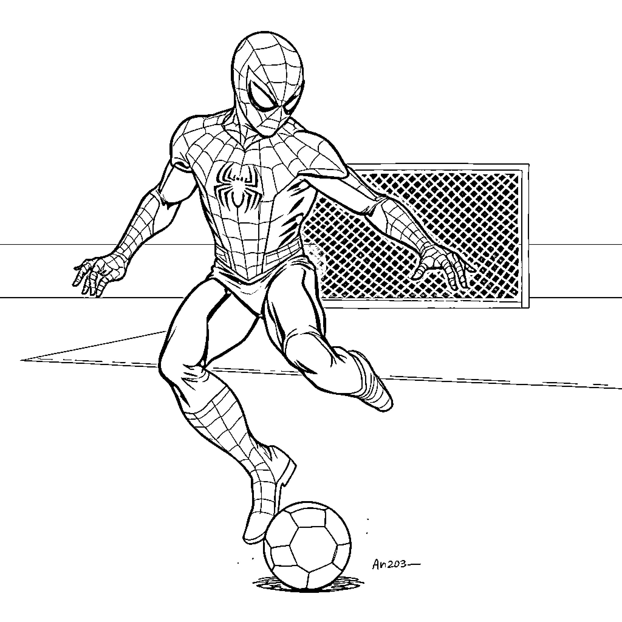 Spiderman playing soccer with goal net in background Coloring Page (free black-and-white line drawing printable PDF for all, from beginners to advanced learners, including children, teens, adults, and seniors)