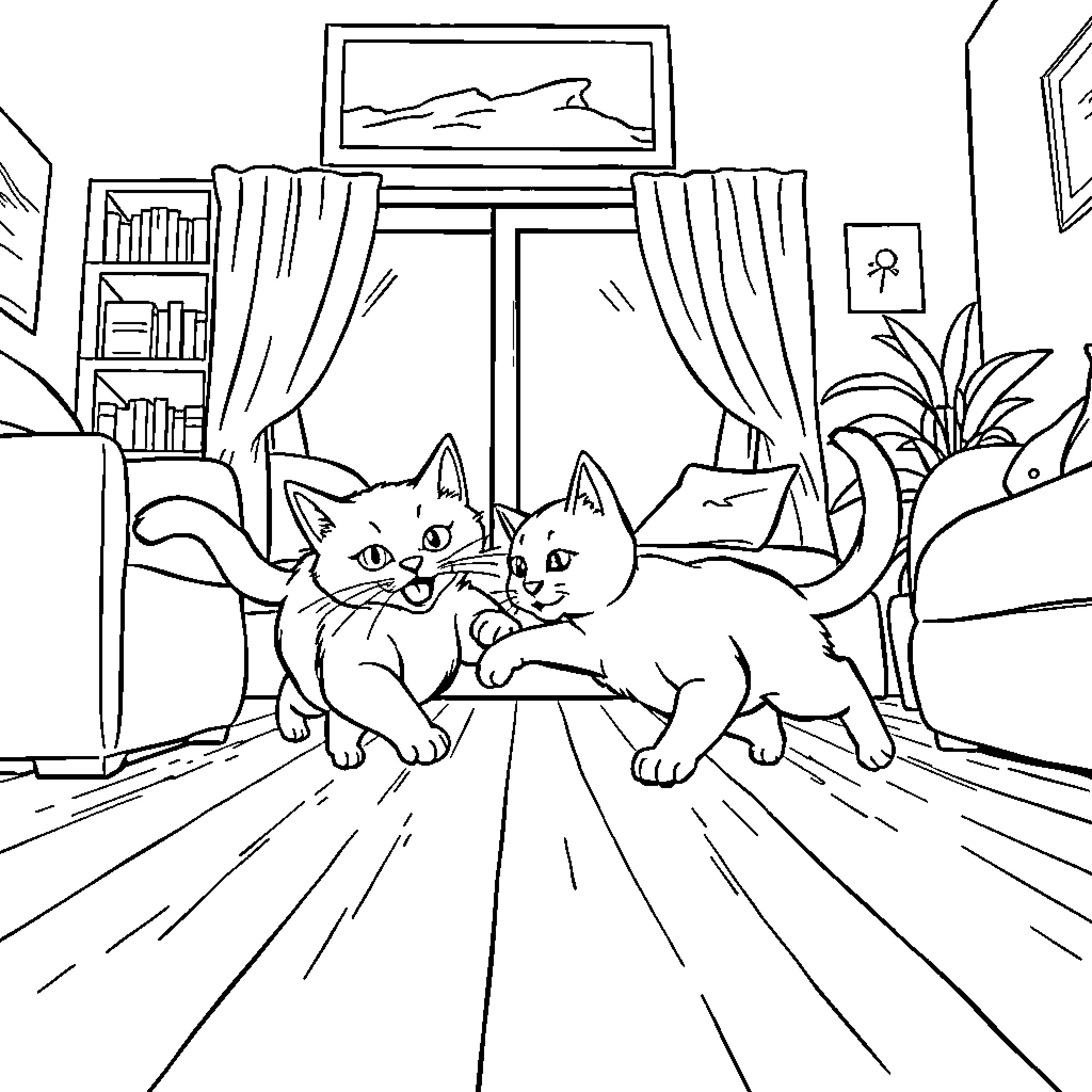 Cats Playing Indoors Coloring Page (free black-and-white line drawing printable PDF for all, from beginners to advanced learners, including children, teens, adults, and seniors)