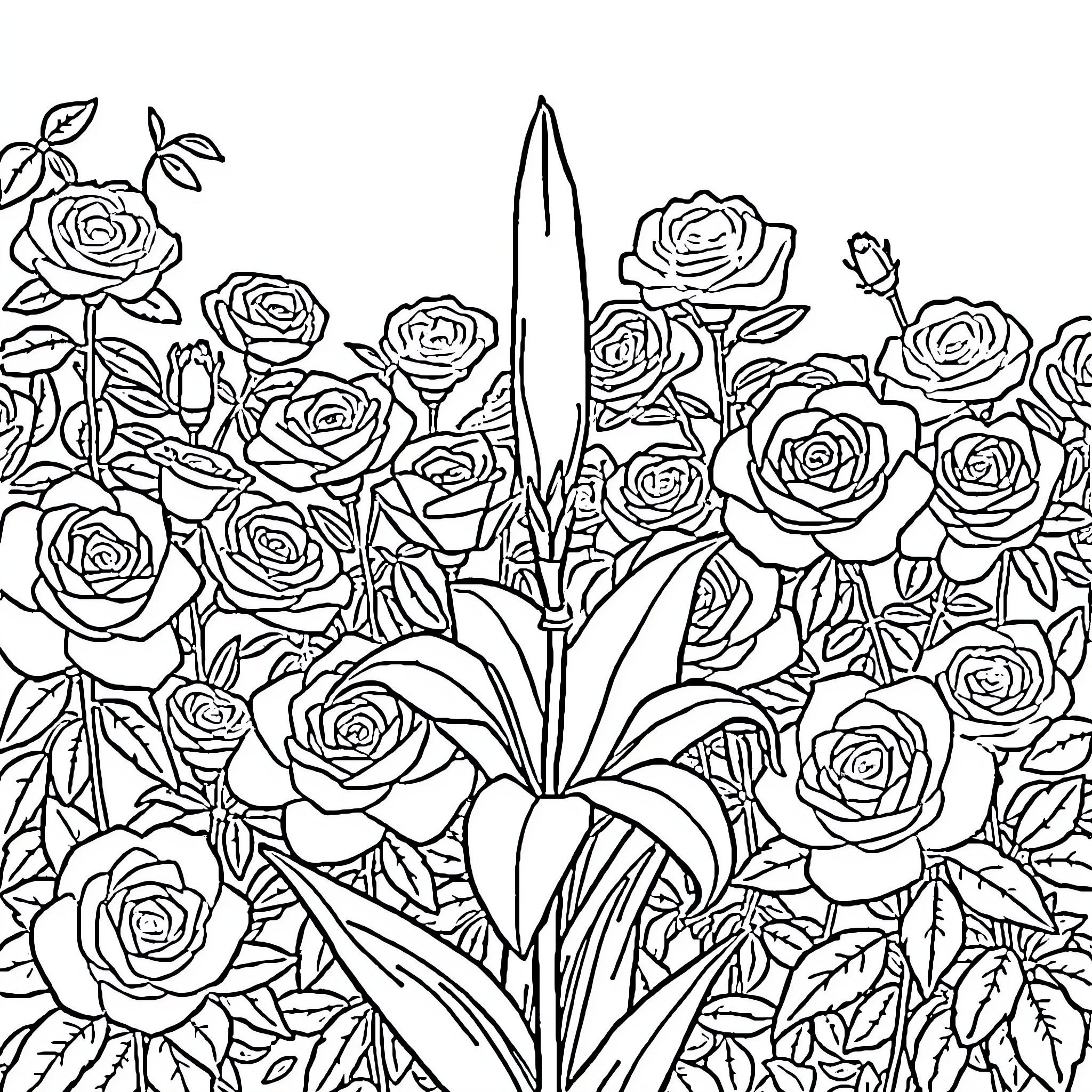 Lily surrounded by vibrant floral garden Coloring Page (free black-and-white line drawing printable PDF for all, from beginners to advanced learners, including children, teens, adults, and seniors)