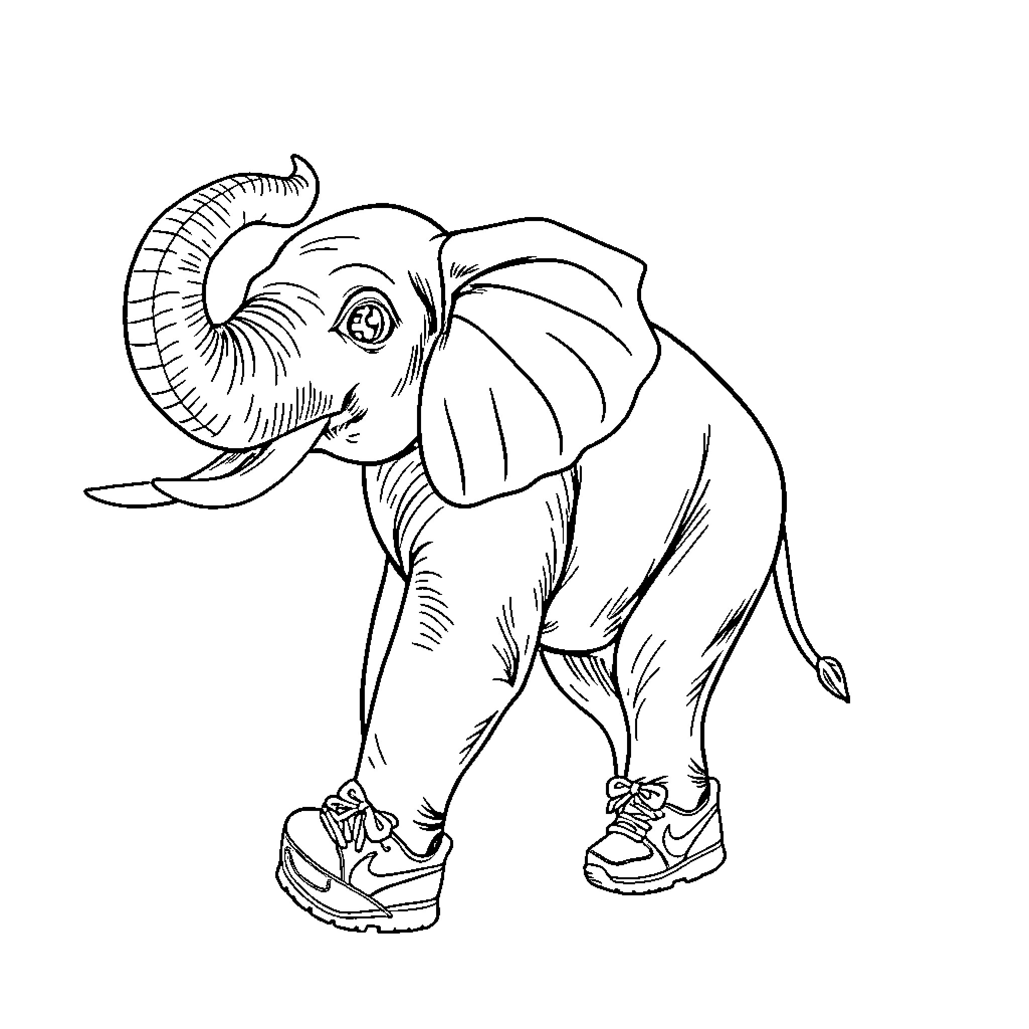 Fraise the Sneaker-Wearing Elephant Coloring Page (free black-and-white line drawing printable PDF for all, from beginners to advanced learners, including children, teens, adults, and seniors)