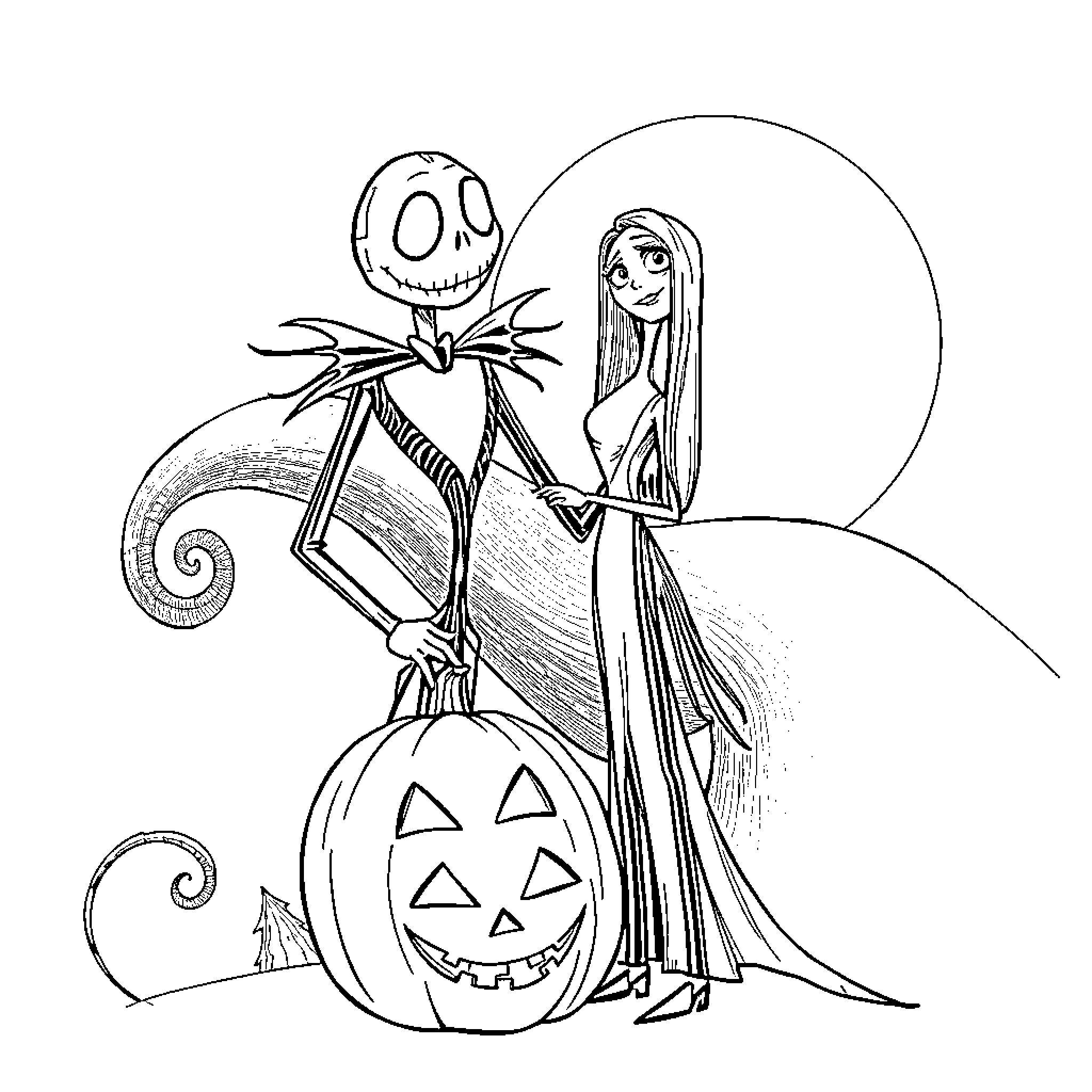 Jack and Sally enjoying a spooky night Coloring Page (free black-and-white line drawing printable PDF for all, from beginners to advanced learners, including children, teens, adults, and seniors)
