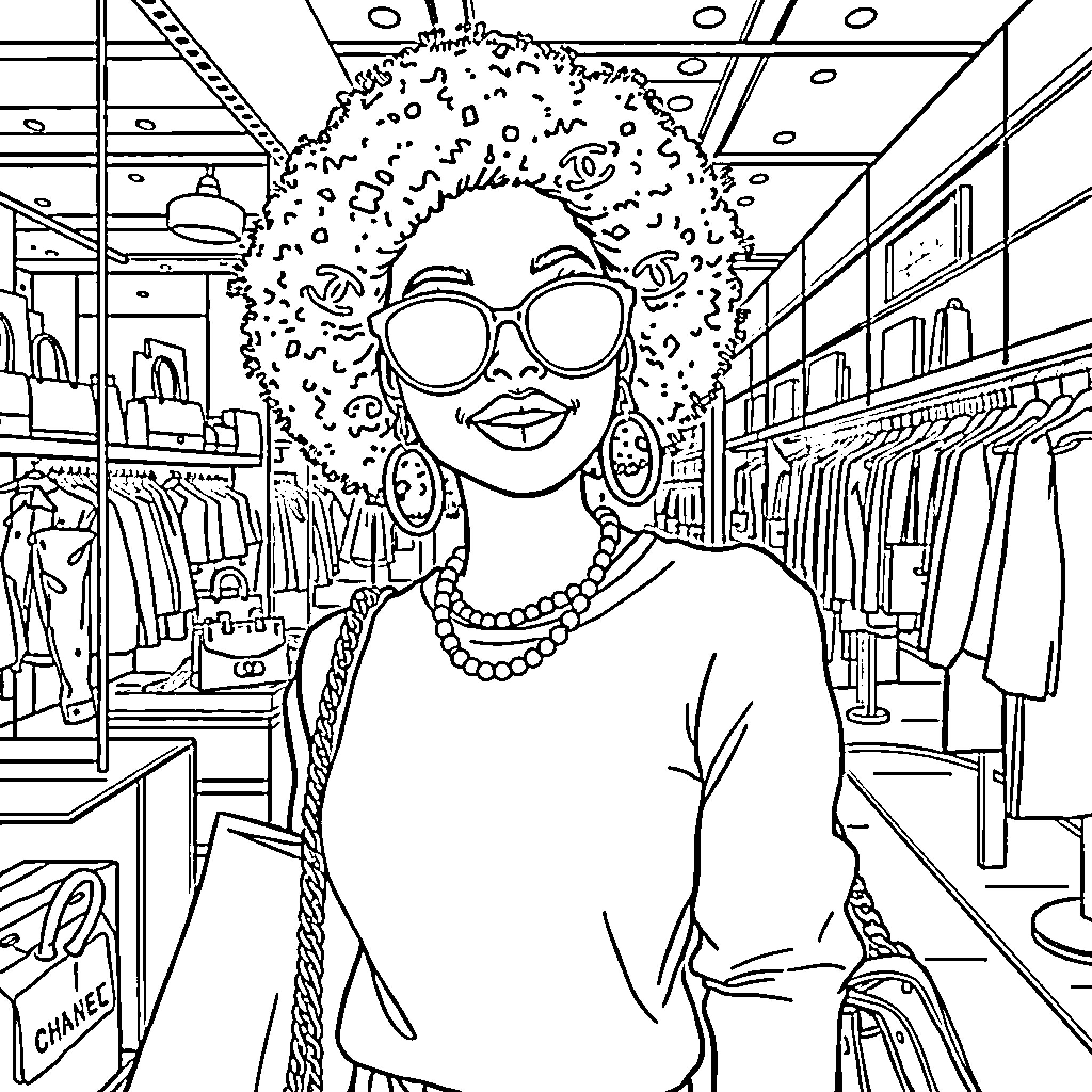 Girl shopping happily in a boutique Coloring Page (free black-and-white line drawing printable PDF for all, from beginners to advanced learners, including children, teens, adults, and seniors)