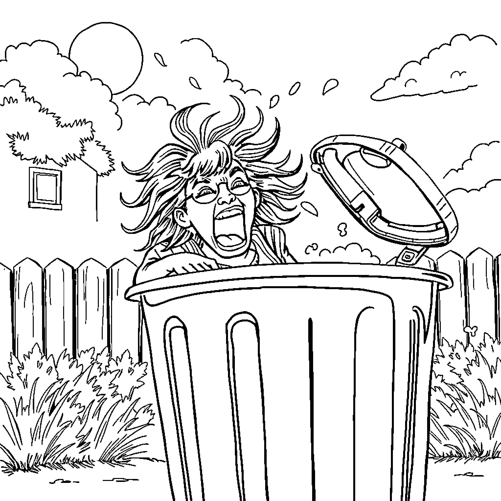 Woman rummaging through trash can in distress Coloring Page (free black-and-white line drawing printable PDF for all, from beginners to advanced learners, including children, teens, adults, and seniors)