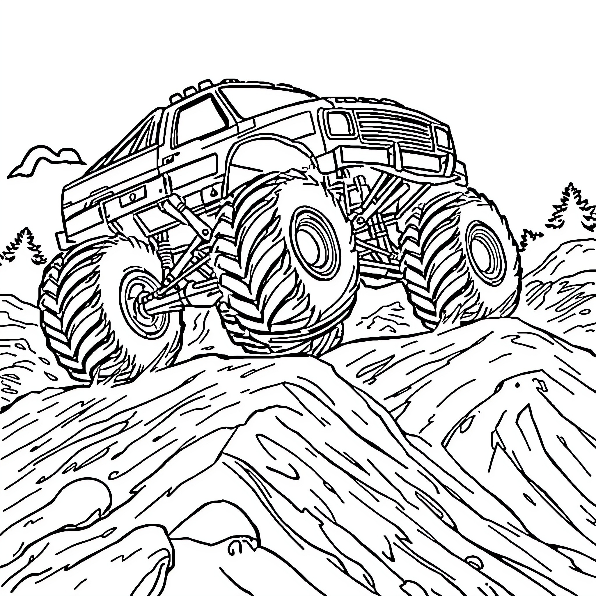 Monster Truck Navigating Rugged Terrain Coloring Page (free black-and-white line drawing printable PDF for all, from beginners to advanced learners, including children, teens, adults, and seniors)