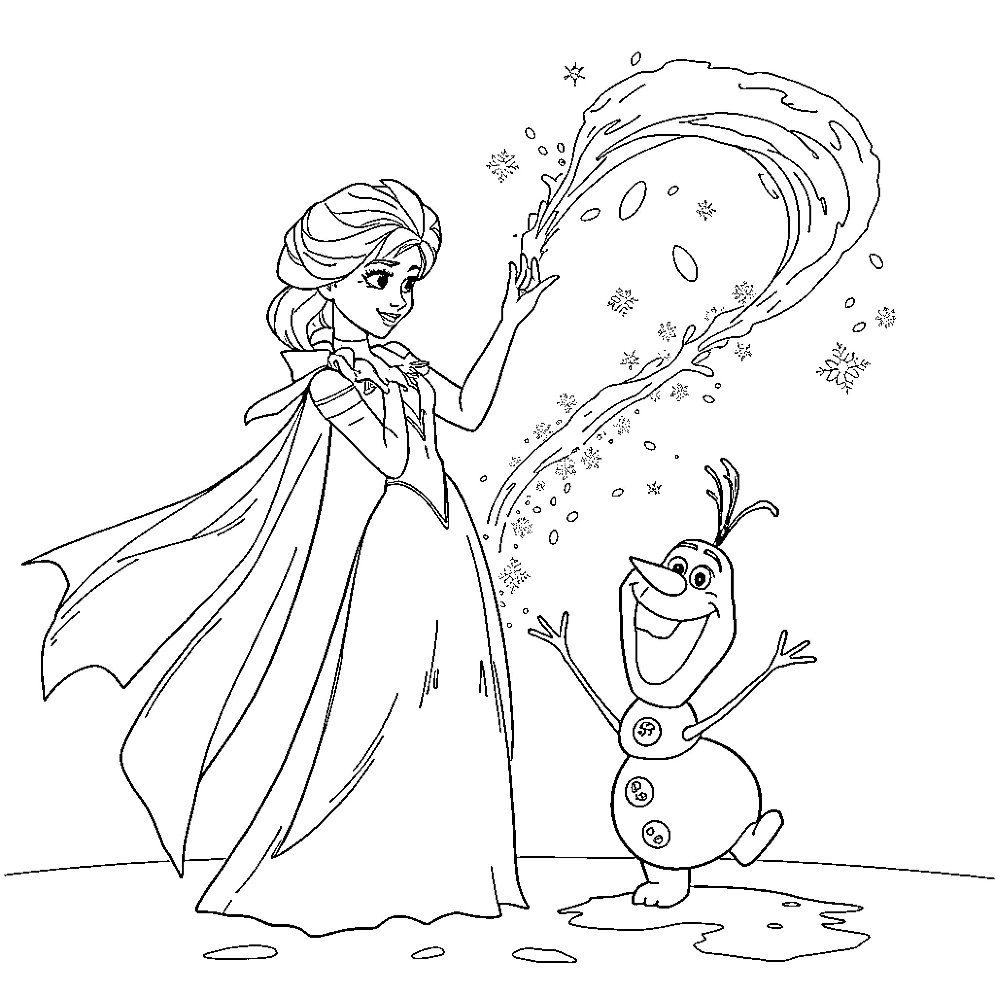 Elsa uses her magical powers to play with Olaf Coloring Page (free black-and-white line drawing printable PDF for all, from beginners to advanced learners, including children, teens, adults, and seniors)