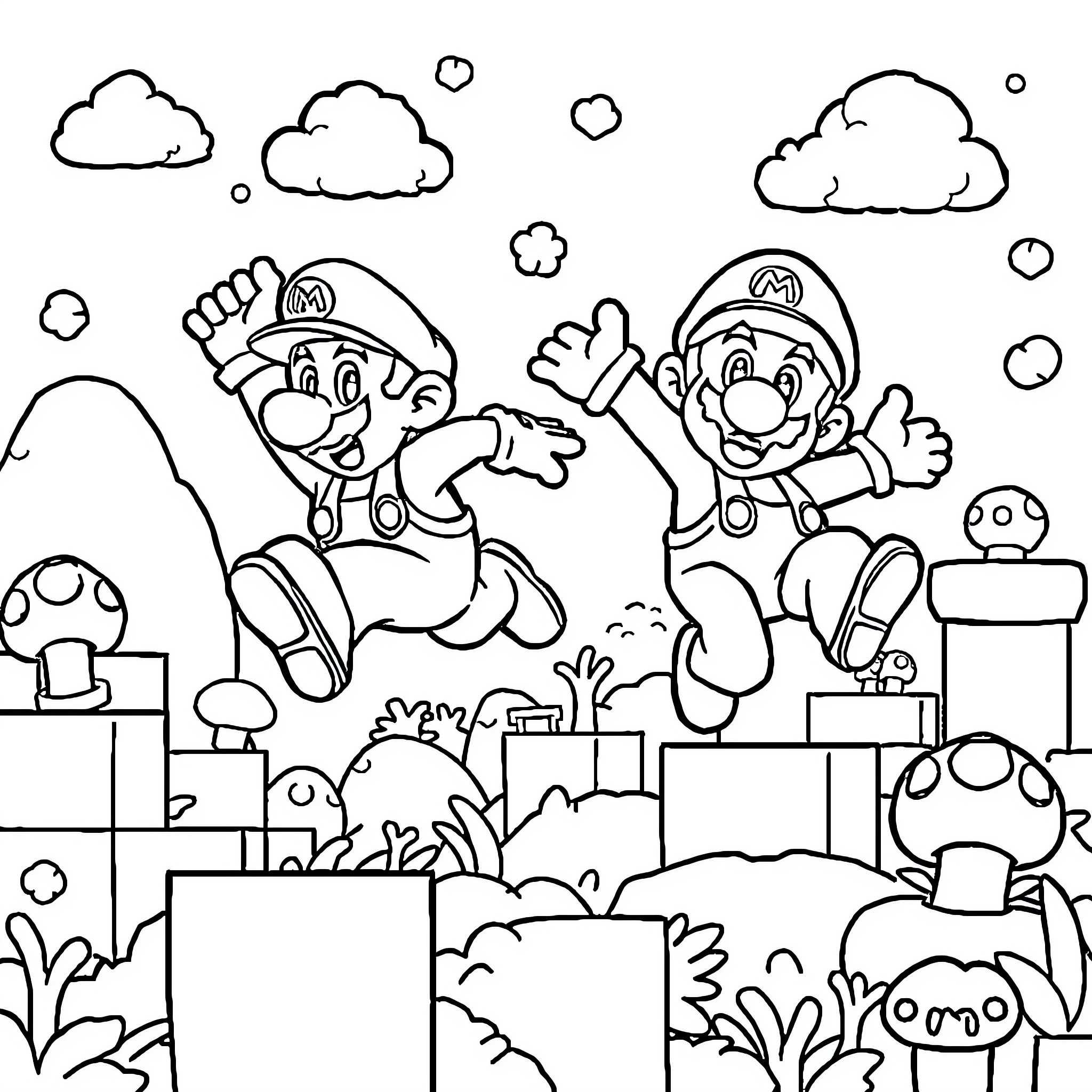 Mario and Luigi Jumping Joyfully in the Mushroom Kingdom Coloring Page (free black-and-white line drawing printable PDF for all, from beginners to advanced learners, including children, teens, adults, and seniors)